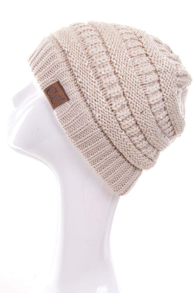 Sparkly Sequin Knit Beanie for Women - Soft Skull Cap with Ponytail & Messy Bun Opening - Perfect for Winter Fashion & Outdoor Activities