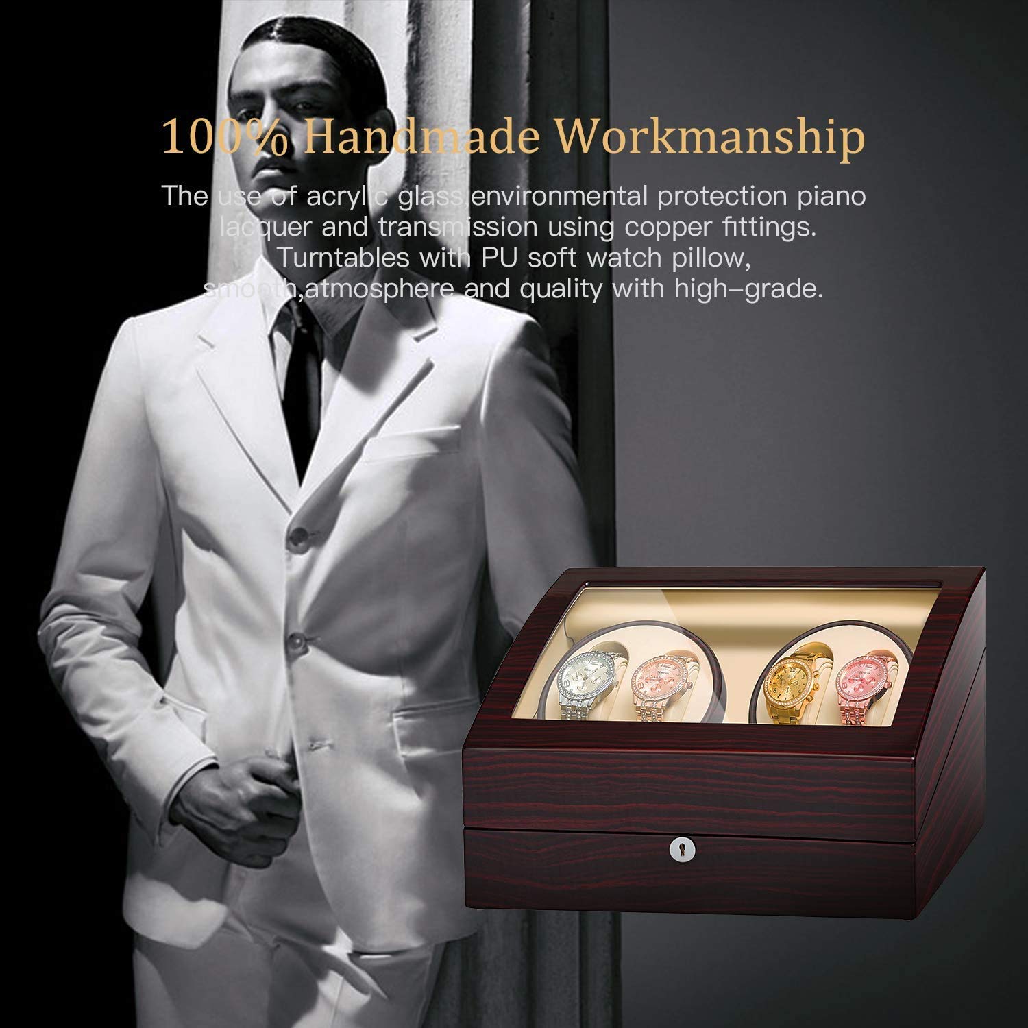 Premium JUQEEN Watch Winder for 4 Automatic Watches with 6 Storage Slots - Ebony Wood Display Case | Perfect for Watch Collectors & Luxury Watch Storage at Home or Office