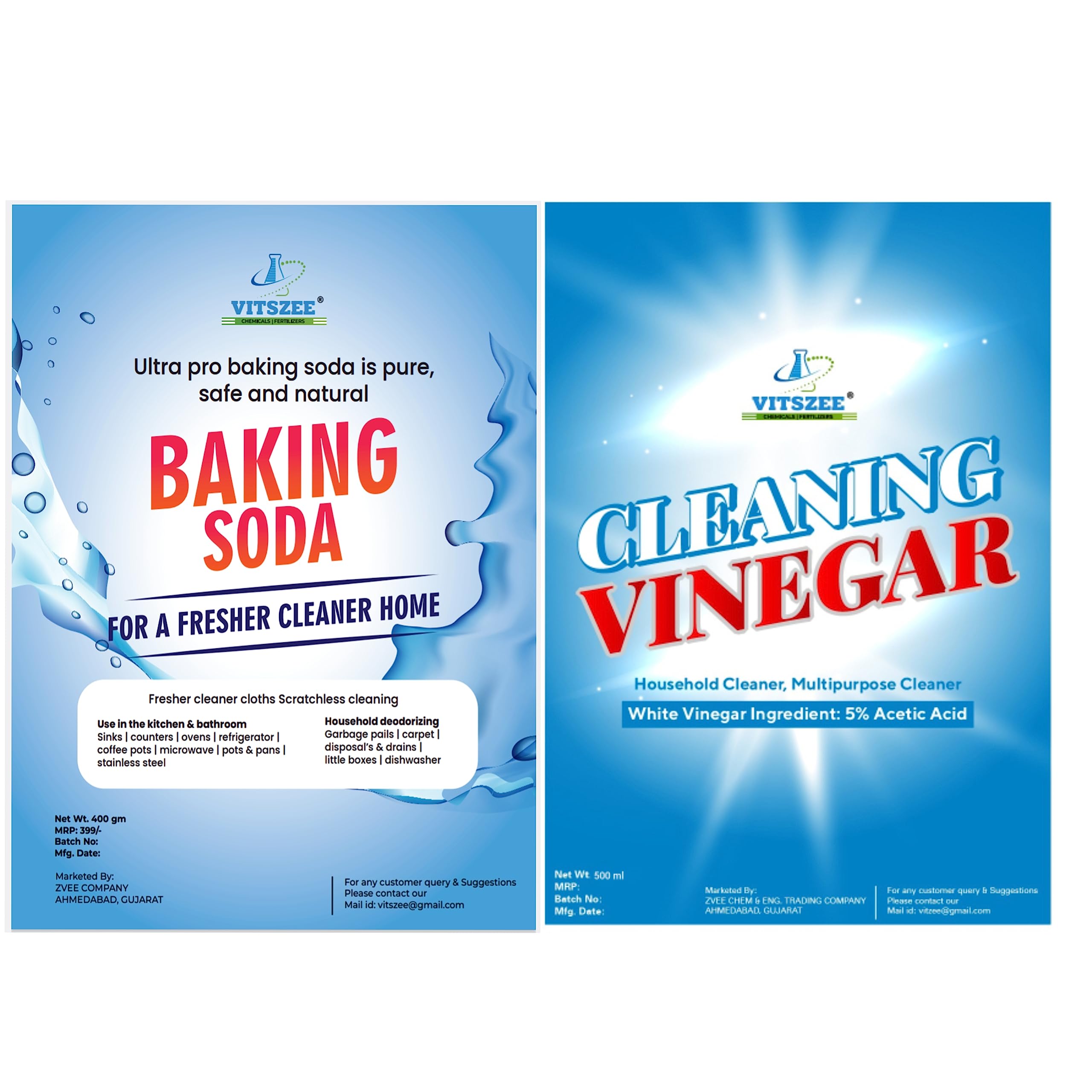VITSZEE Baking Soda 400g & White Cleaning Vinegar 500ml Set | Organic Washing Machine Drum Cleaner | Multi-Purpose Stain Remover for Kitchen, Bathroom & Laundry | Deep Cleaning Solution for Appliances, Tiles & Surfaces
