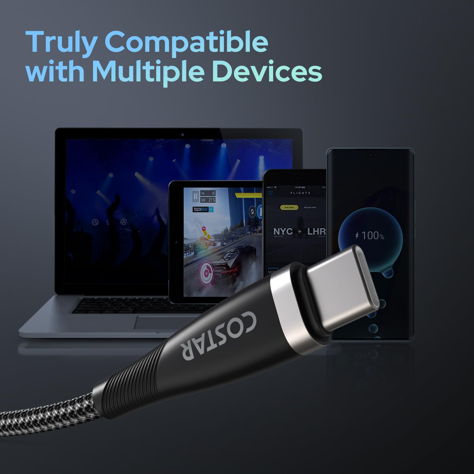 COSTAR 65W USB C to USB C Fast Charging Cable, PD & QC 3.0 Compatible with Samsung Galaxy, OnePlus, Laptop - 4.9ft Braided Nylon Cable for High-Speed Charging & Data Sync (480Mbps) - Perfect for Home, Office & Travel (Black)