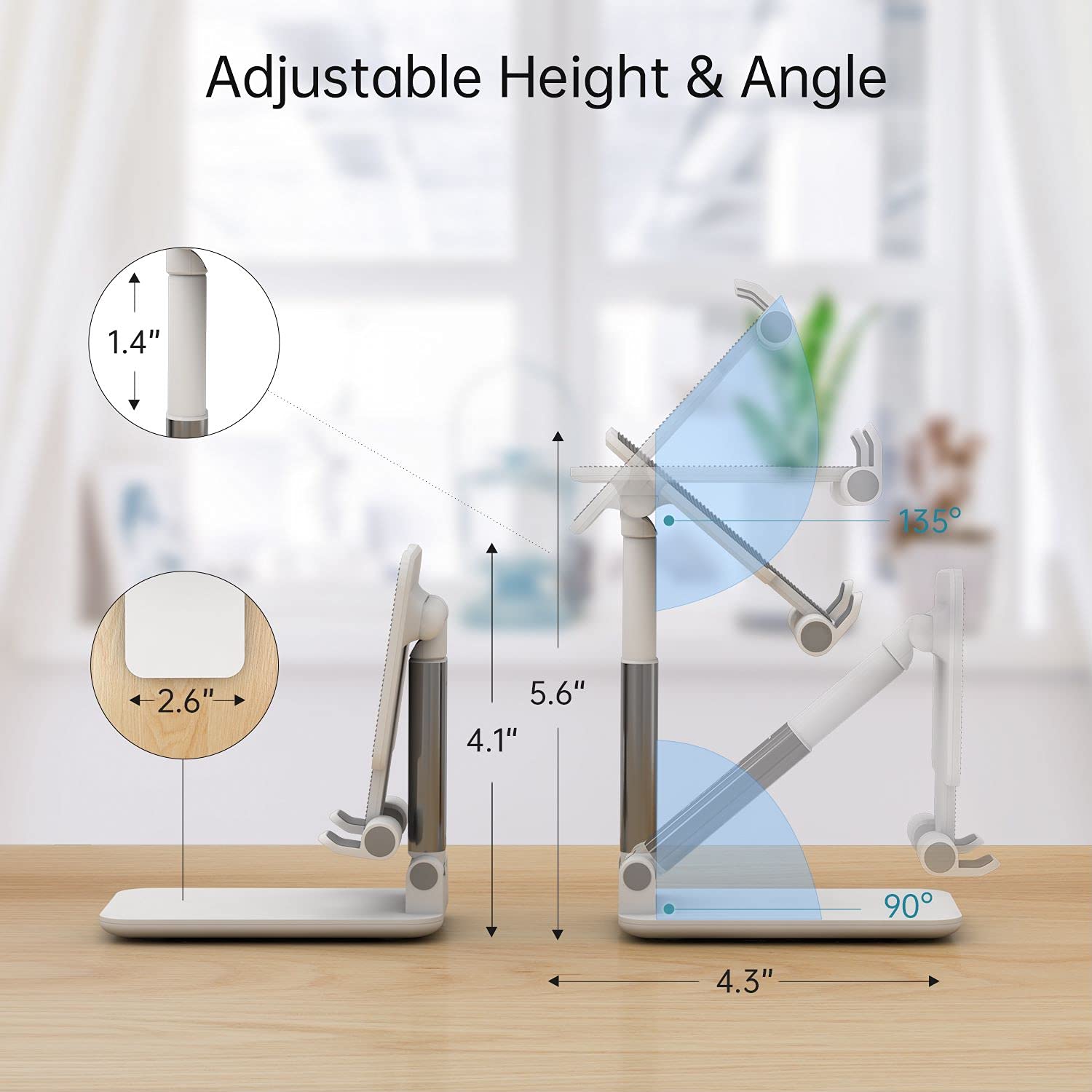 Adjustable Aluminum Phone Stand for Desk - Foldable & Portable Cell Phone Holder with Angle & Height Adjustment - Compatible with iPhone, Samsung, iPad & Tablets - Perfect for Home Office, Video Calls & Hands-Free Viewing (White)