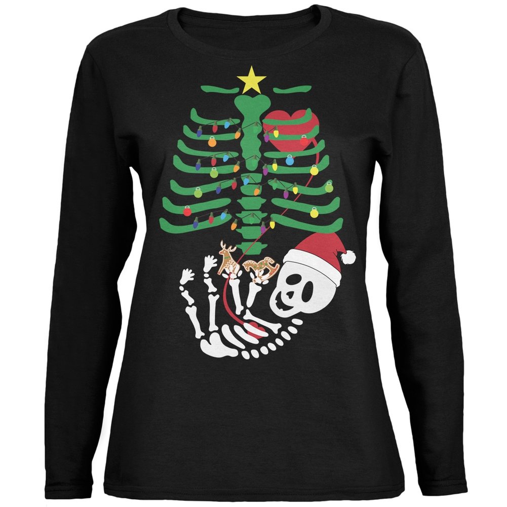 Old Glory Christmas Tree Baby Skeleton Cookies Black Women's Long Sleeve T-Shirt - Vintage Holiday Graphic Tee for Christmas Parties & Festive Outfits