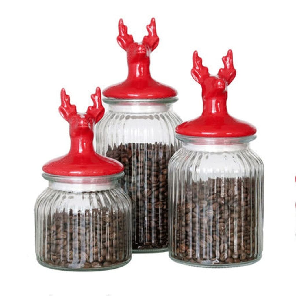 3-Piece Glass Jar with Lid Set - Airtight Kitchen Canisters for Coffee Beans, Candies, Spices | Red Deer Decorative Design | Countertop Storage Containers for Pantry Organization & Home Decor