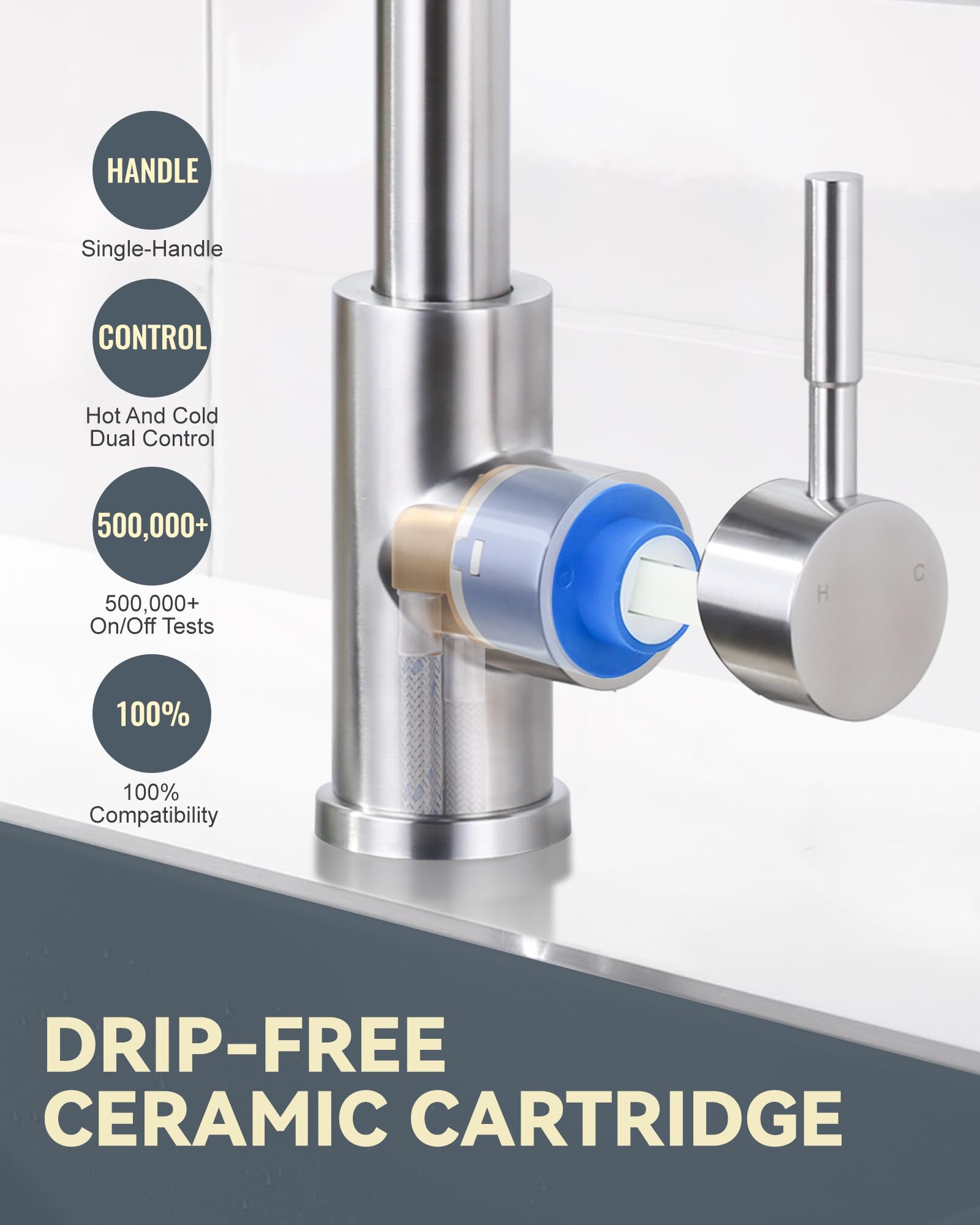 IVIGA Brushed Nickel Pull Down Kitchen Faucet with 3 Spray Modes (Waterfall/Stream/Sweep) - Splash Proof Swivel Waterfall Sink Faucet for Washing Vegetables, Fruits & Dishes - Perfect for Modern Kitchens & Food Prep Stations