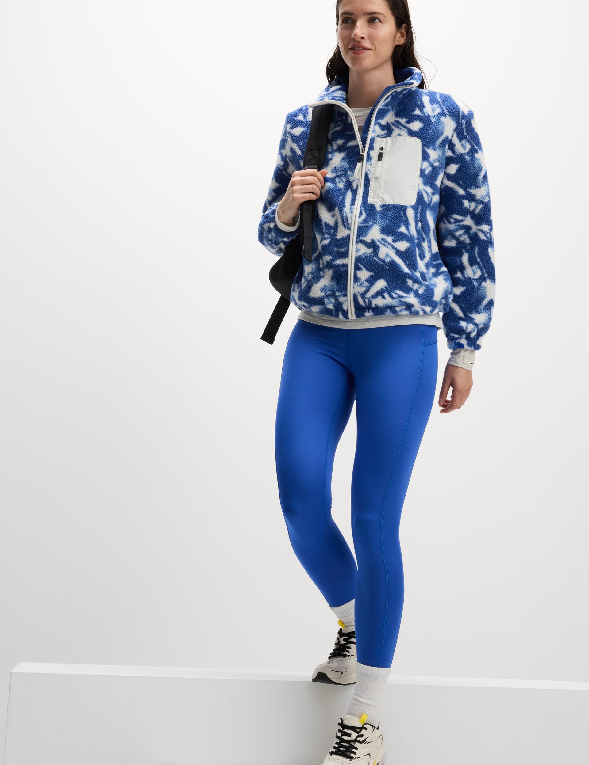 Borg Printed Funnel Neck Zip Up Fleece Jacket - Blue/White - Warm Winter Outerwear for Men & Women - Perfect for Hiking, Camping & Outdoor Activities