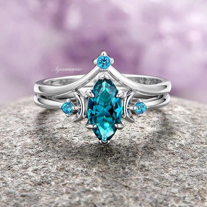 Teal Sapphire Moon Ring Set - Sterling Silver Jewelry for Women | Elegant Boho Style Rings for Everyday Wear & Special Occasions