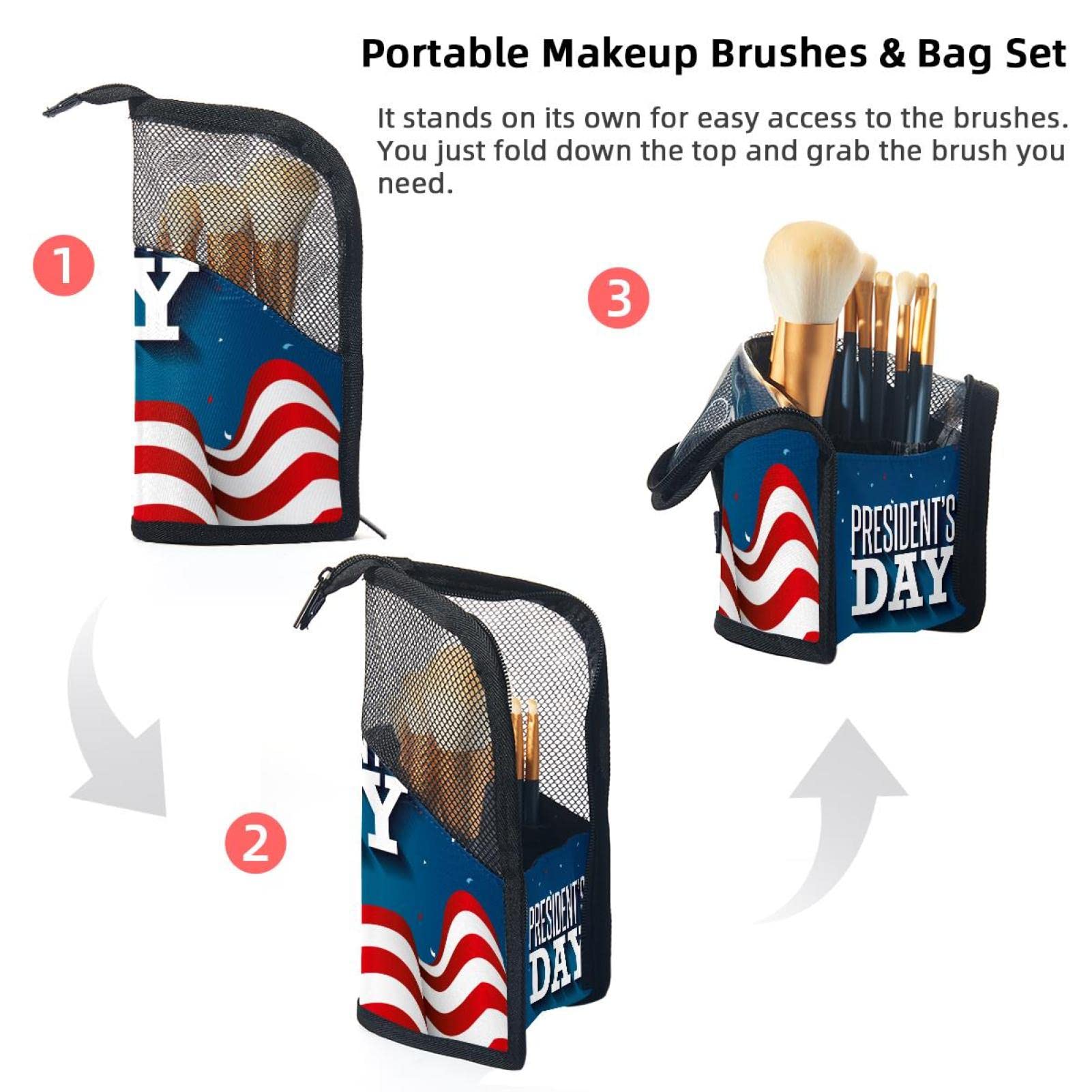 Premium 12-Piece Makeup Brush Organizer Bag with American Flag Design - Portable Travel Cosmetic Brush Holder Case for Professional Artists & Home Use
