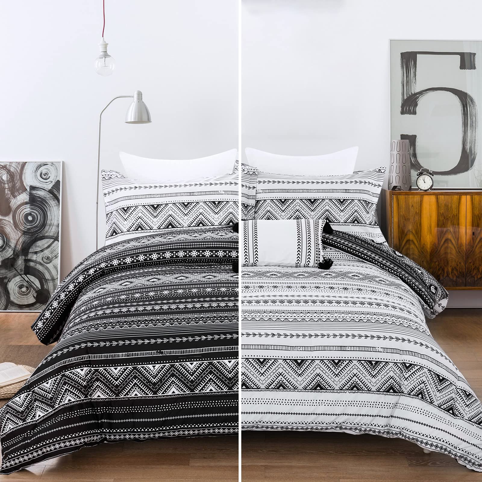 Black Aztec Comforter Set Queen Size - 7 Piece Boho Bed in a Bag with Reversible White Design | Soft Microfiber Bedding Set (1 Comforter, 2 Pillowcases, 2 Shams, 1 Flat & 1 Fitted Sheet) for Cozy Bedroom Decor & Guest Room Essentials