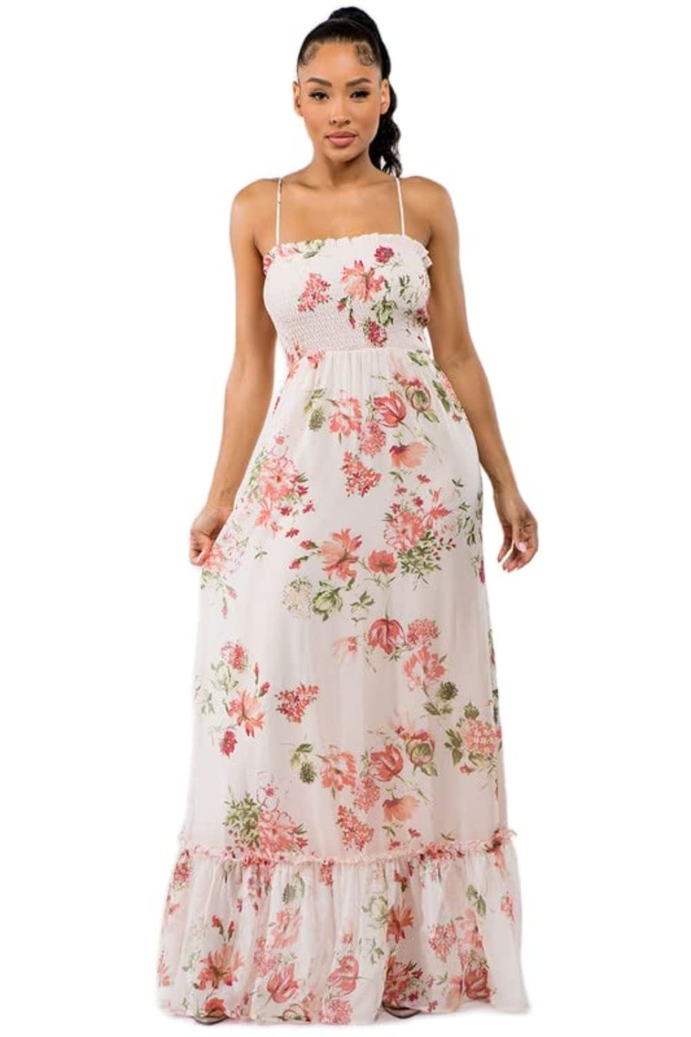 Boho Vintage Floral Print Chiffon Ruffle Maxi Dress for Women - Elegant Summer Beach Wedding Party Dress