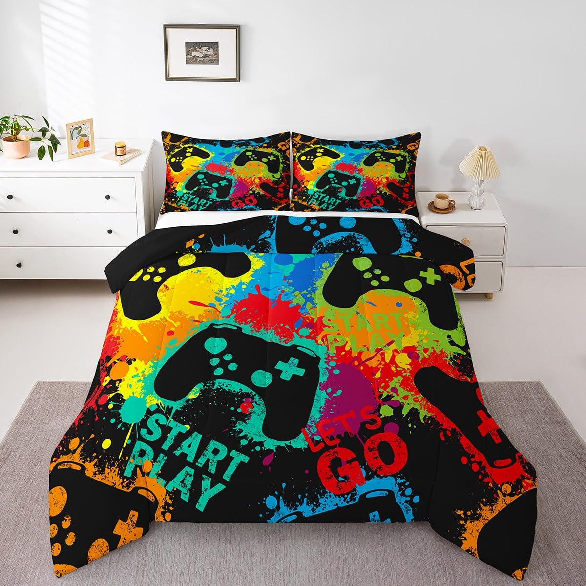Erosebridal Girls & Boys Full Bedding Set - Gaming Comforter Set for Toddlers & Kids, Watercolor Gamer Bedding Collection | Perfect for Kids' Bedrooms, Sleepovers & Gaming Themed Rooms