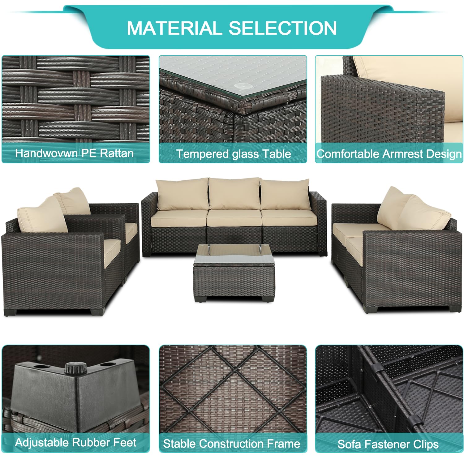 Outdoor Patio Furniture Set 8-Piece Rattan Conversation Set with Table - Brown Beige Wicker Chairs for Backyard, Garden, Balcony, Porch & Poolside - Perfect for Relaxing, Entertaining & Outdoor Dining