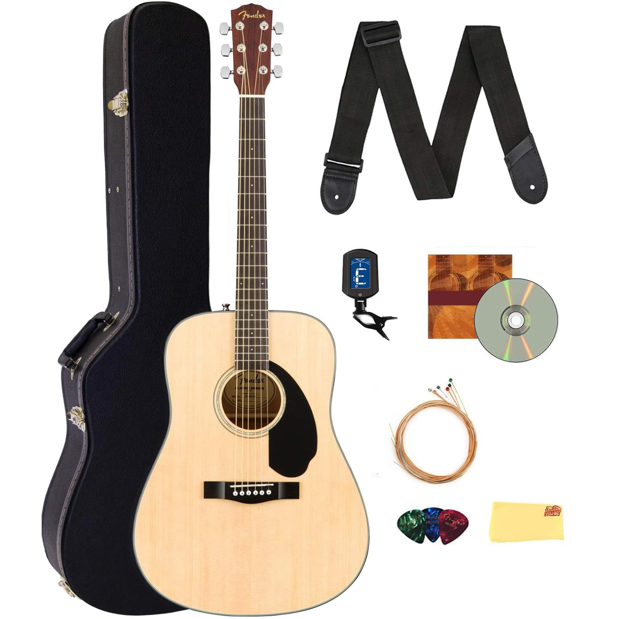 Fender CD-60S Solid Top Dreadnought Acoustic Guitar Bundle - Natural Finish with Hard Case, Tuner, Strap, Strings, Picks, Polishing Cloth & Instructional DVD | Perfect for Beginners, Live Performances & Home Practice