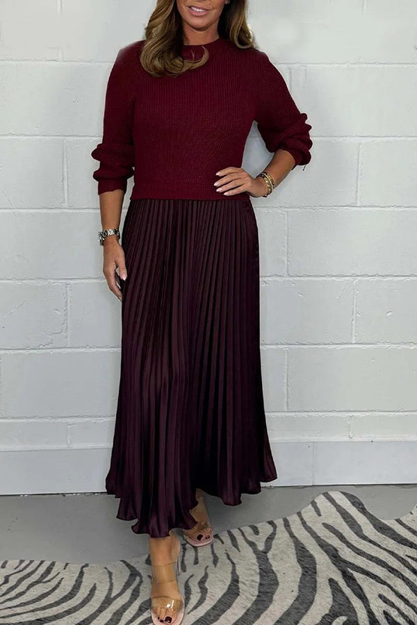 Stylish Knitted Round Neck Long Sleeve Patchwork Pleated Hem Maxi Dress for Women | Elegant Boho Chic Winter Dress | Perfect for Holiday Parties, Date Nights & Casual Outings