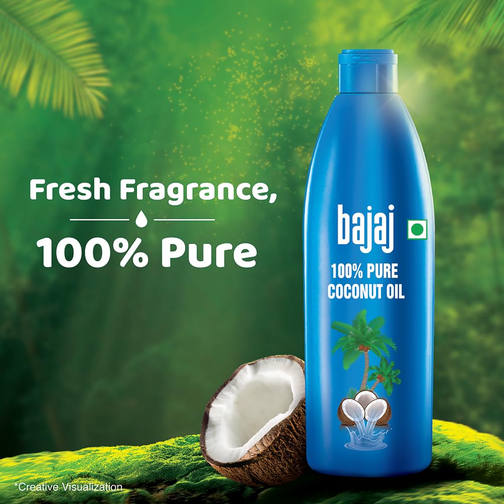 Bajaj 100% Pure Natural Coconut Oil - 600ml for Cooking, Hair Care & Skin Moisturizing - Cold Pressed Virgin Coconut Oil for Healthy Lifestyle