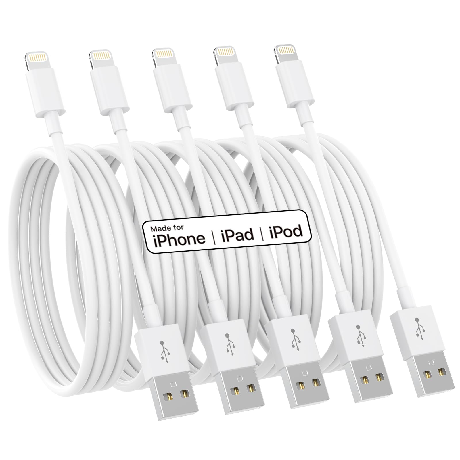 Apple MFi Certified iPhone Charger 5-Pack (3ft/3ft/6ft/6ft/10ft) - Fast Charging Lightning Cable Compatible with iPhone 14/13/12/11 Pro Max/XS MAX/XR/X/8/7 Plus & iPad AirPods - Perfect for Home, Office, Car and Travel Charging