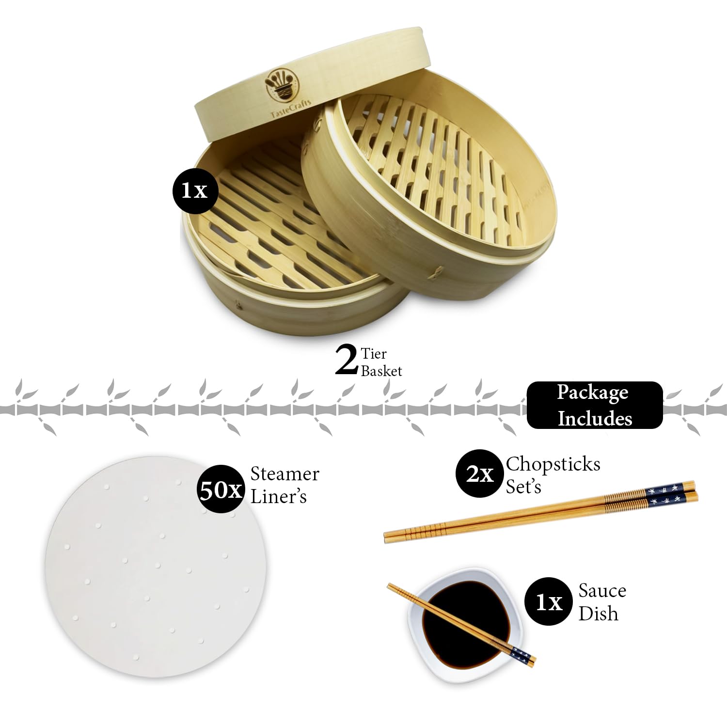 TASTECRAFTS 10-Inch Bamboo Steamer Basket Set - 2-Tier Asian Cooking Essential with Free Chopsticks, Steamer Liners & Ceramic Plate - Perfect for Dumplings, Dim Sum, Vegetables & Rice - Ideal for Home Chefs & Asian Cuisine Lovers