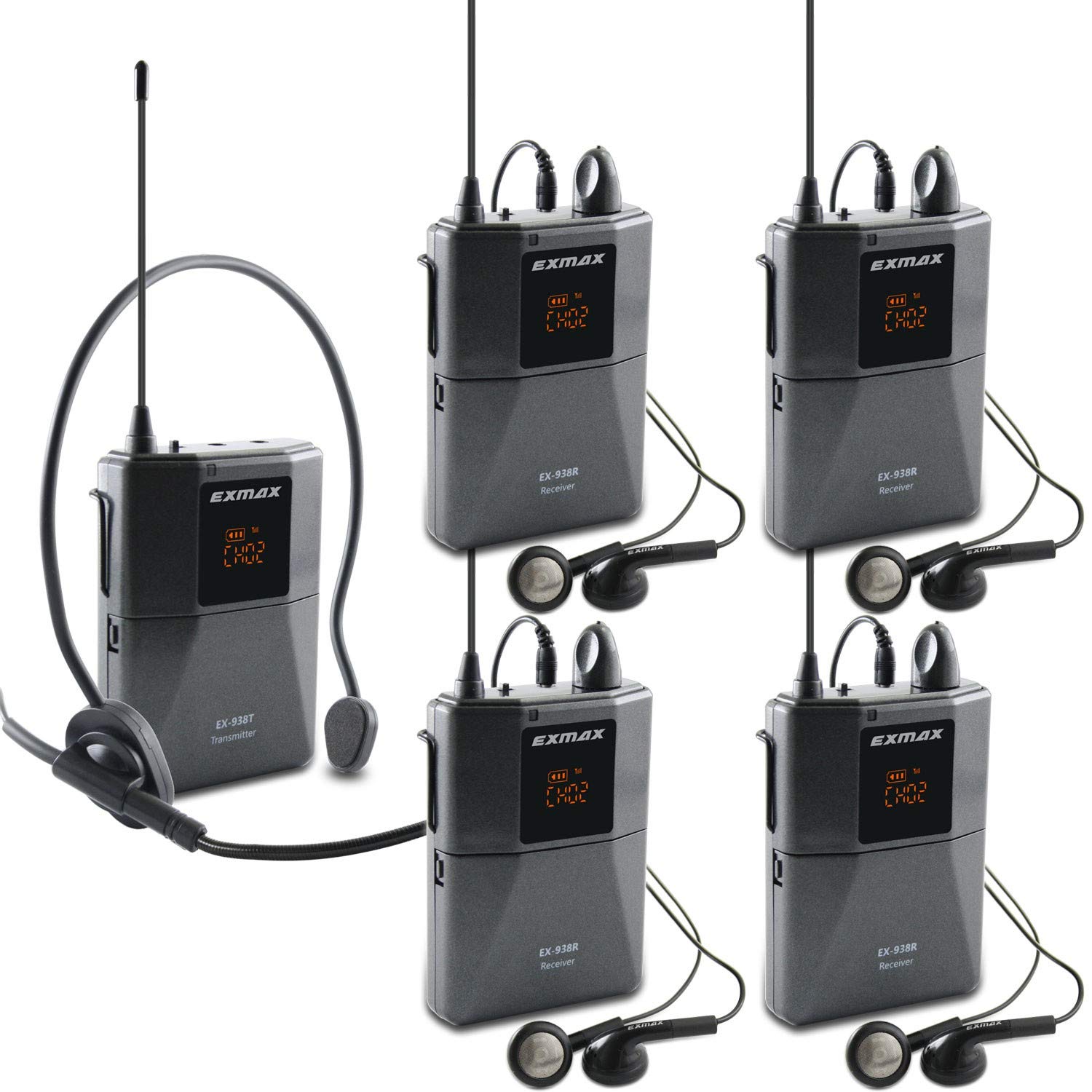 EXMAX UHF-938 Professional Wireless Headset Microphone System - UHF Acoustic Transmission with 1 Transmitter & 4 Receivers for Church Worship, Tour Guide, Translation Teaching, Travel & Simultaneous Interpretation - Ideal for Events, Conferences & Public Speaking