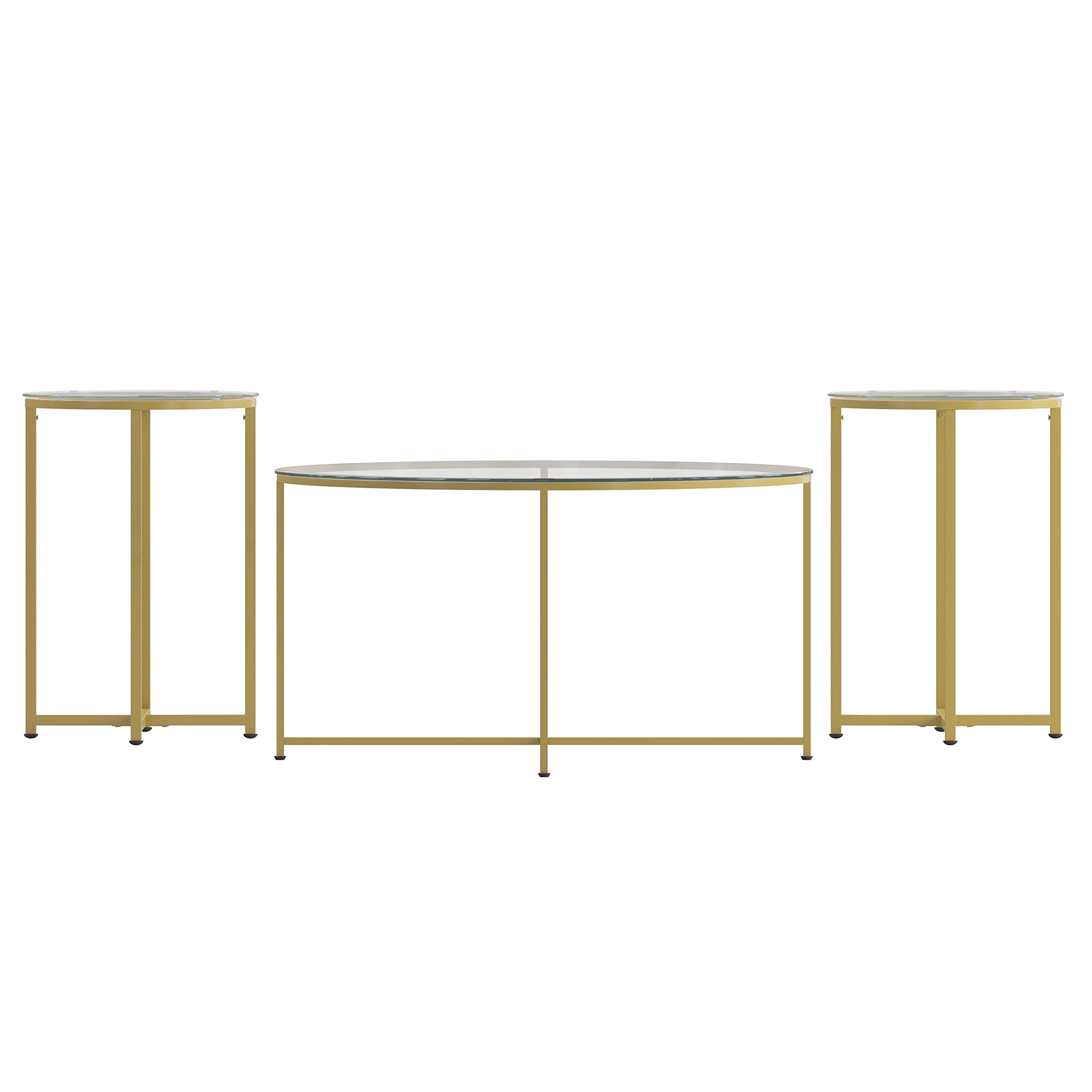 Merrick Lane Fairdale 3-Piece Round Coffee Table Set with Matte Gold Crisscross Frame - Modern Living Room Furniture for Small Spaces - Includes Coffee Table & 2 Matching End Tables - Perfect for Apartments, Condos and Cozy Home Decor