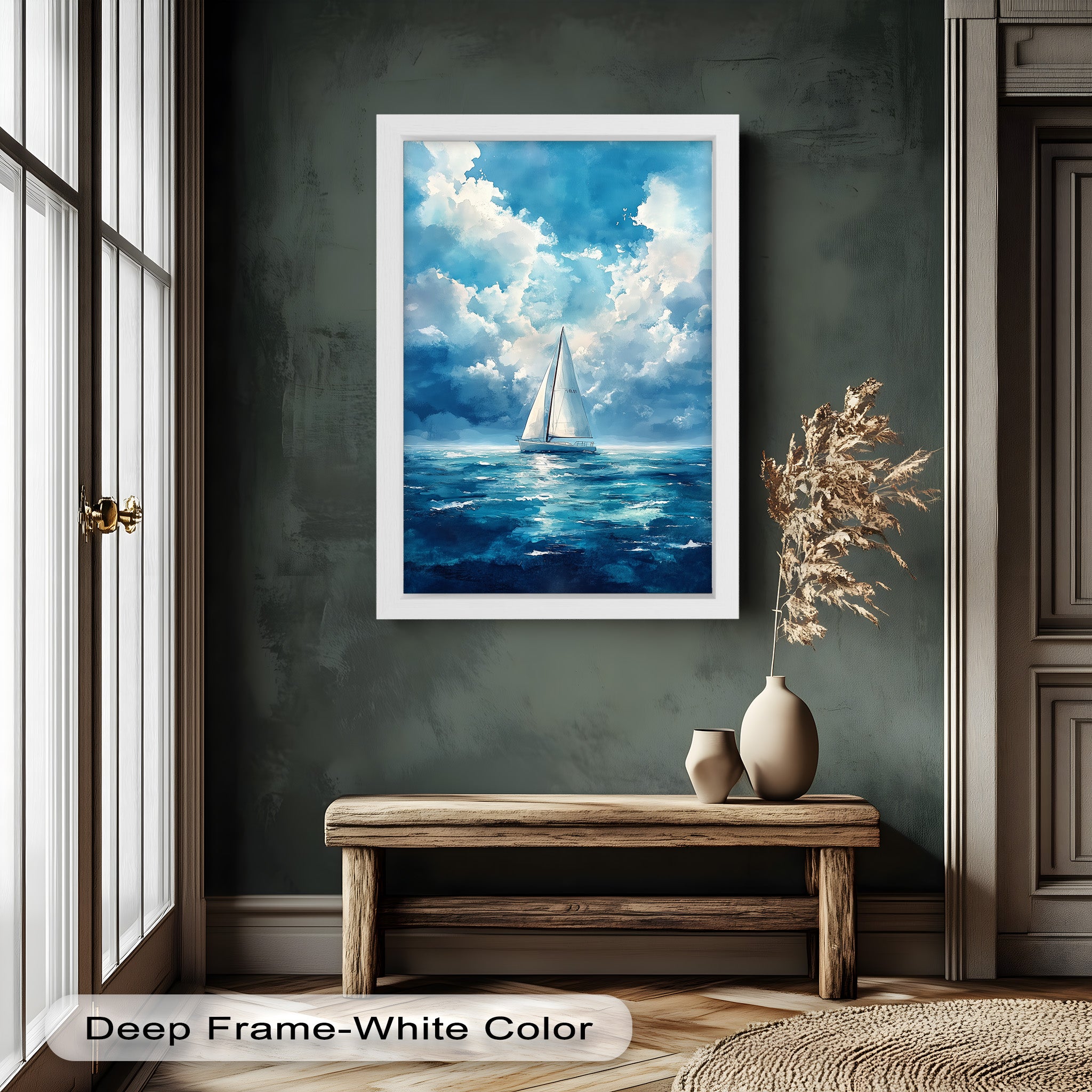 Blue Sky White Sailboat Oil Painting - Handmade Nautical Wall Art for Living Room, Bedroom & Office Decor