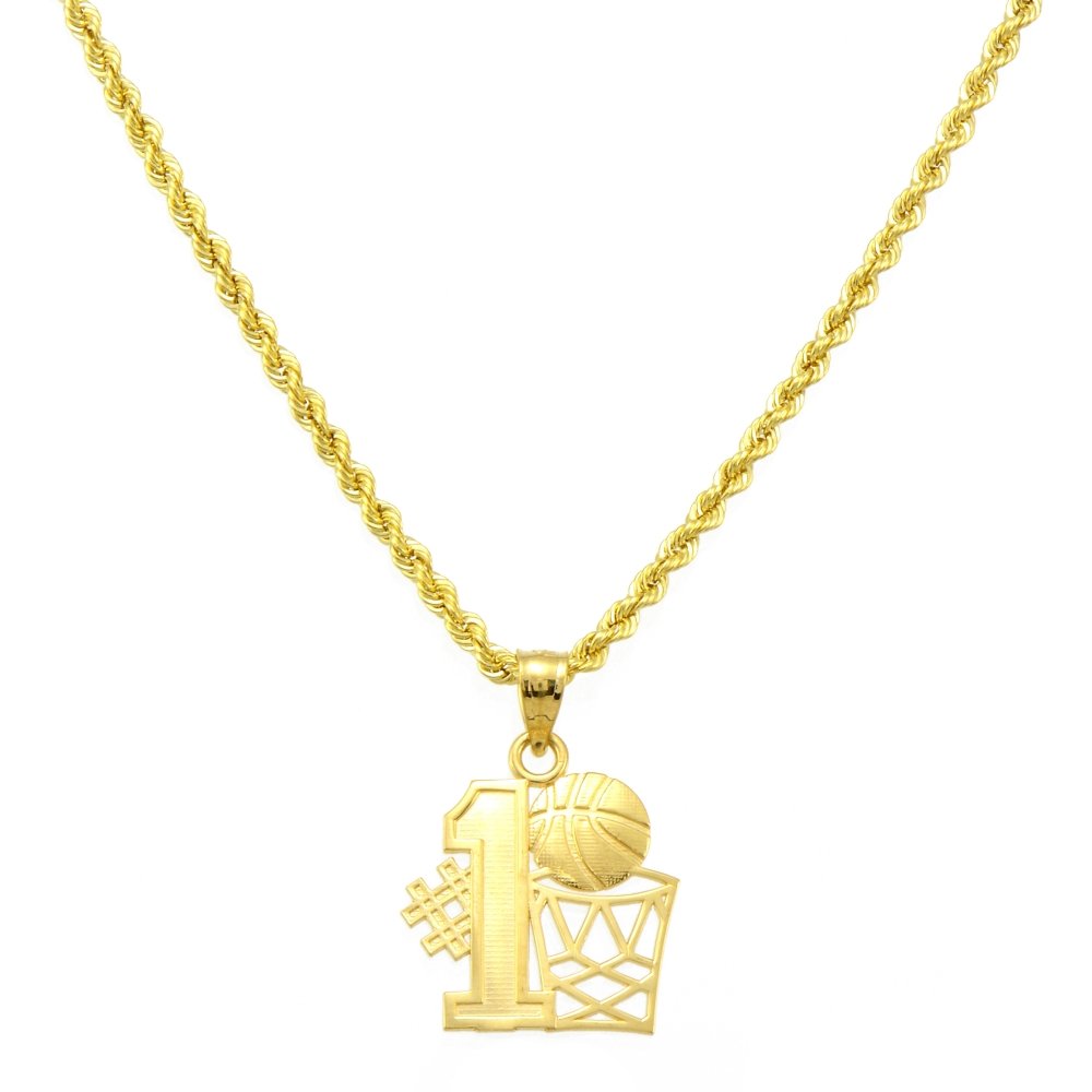 14K Yellow Gold Number One (#1) Basketball Pendant Necklace for Men - Sports Jewelry Gift for Basketball Players & Fans - Perfect for Games, Graduation & Birthday Gifts