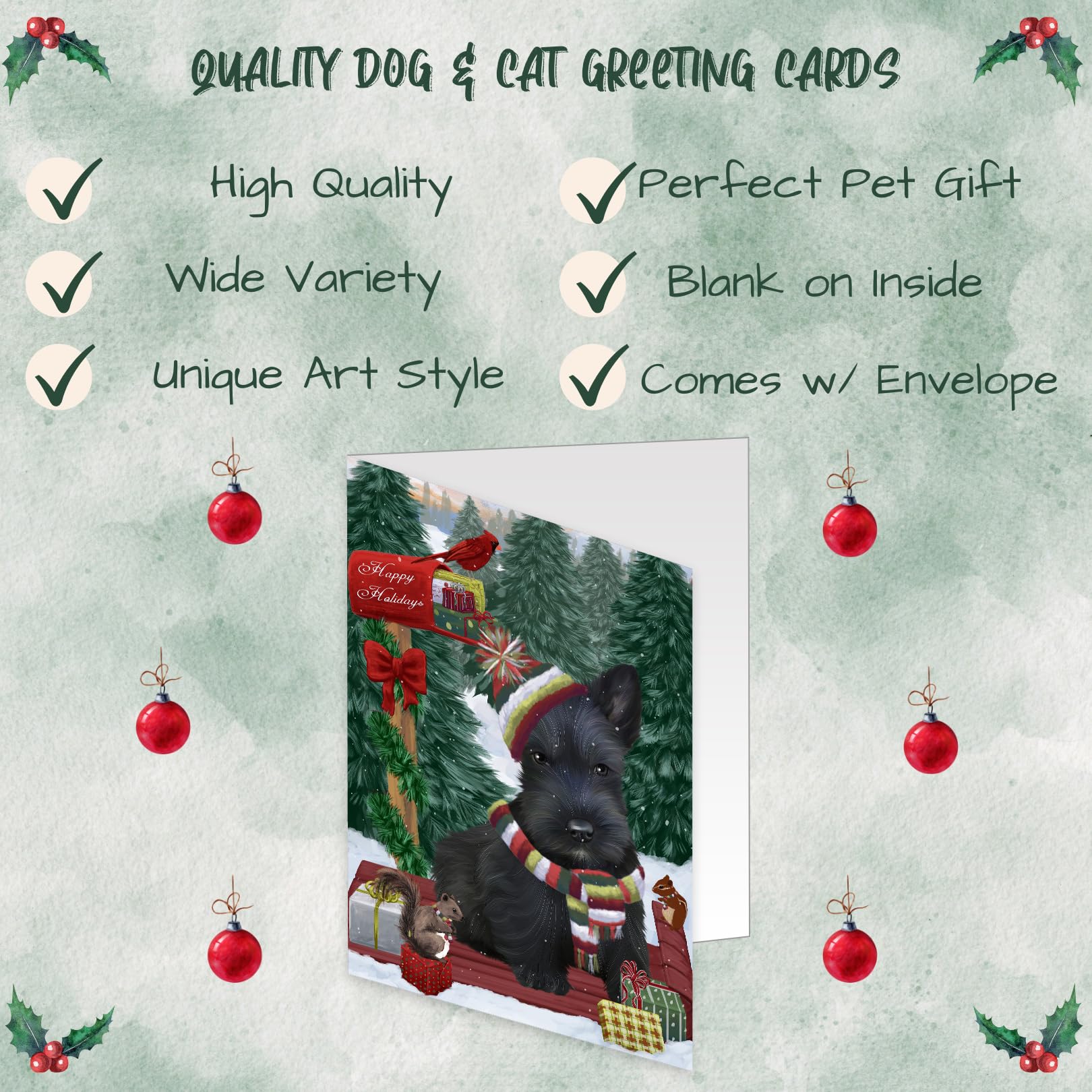 Merry Christmas Woodland Sled Scottish Terrier Dog Greeting Cards - 10 Pack Adorable Pet Invitation Cards with Envelopes - Christmas Pet Artwork Greeting Cards GCD69590 for Holiday Gifts, Party Invitations & Festive Greetings