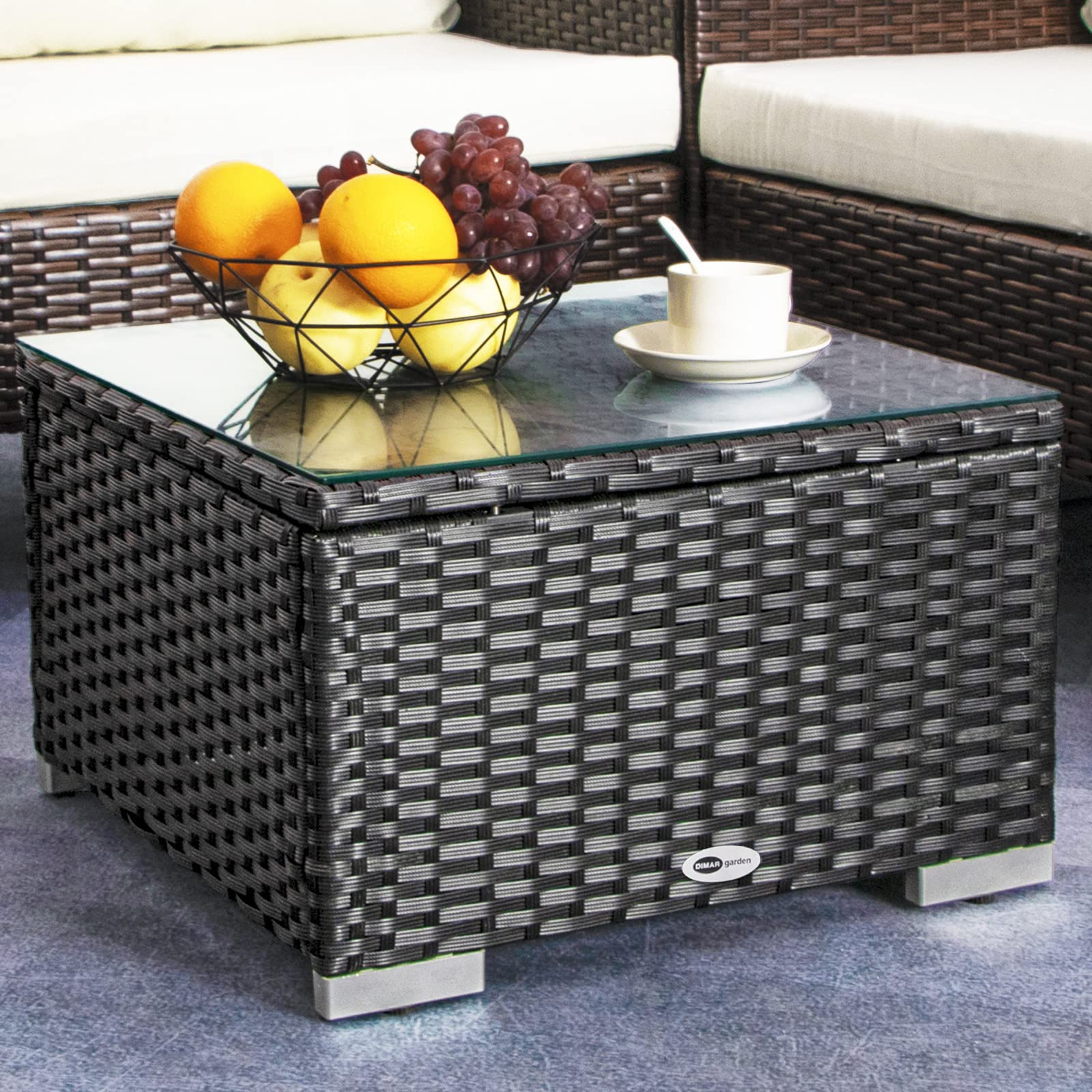 DIMAR GARDEN Outdoor Coffee Table - 19.7 Inch Black Wicker Patio Side Table with Tempered Glass Top | Perfect for Backyard, Garden, Poolside & Balcony Decor