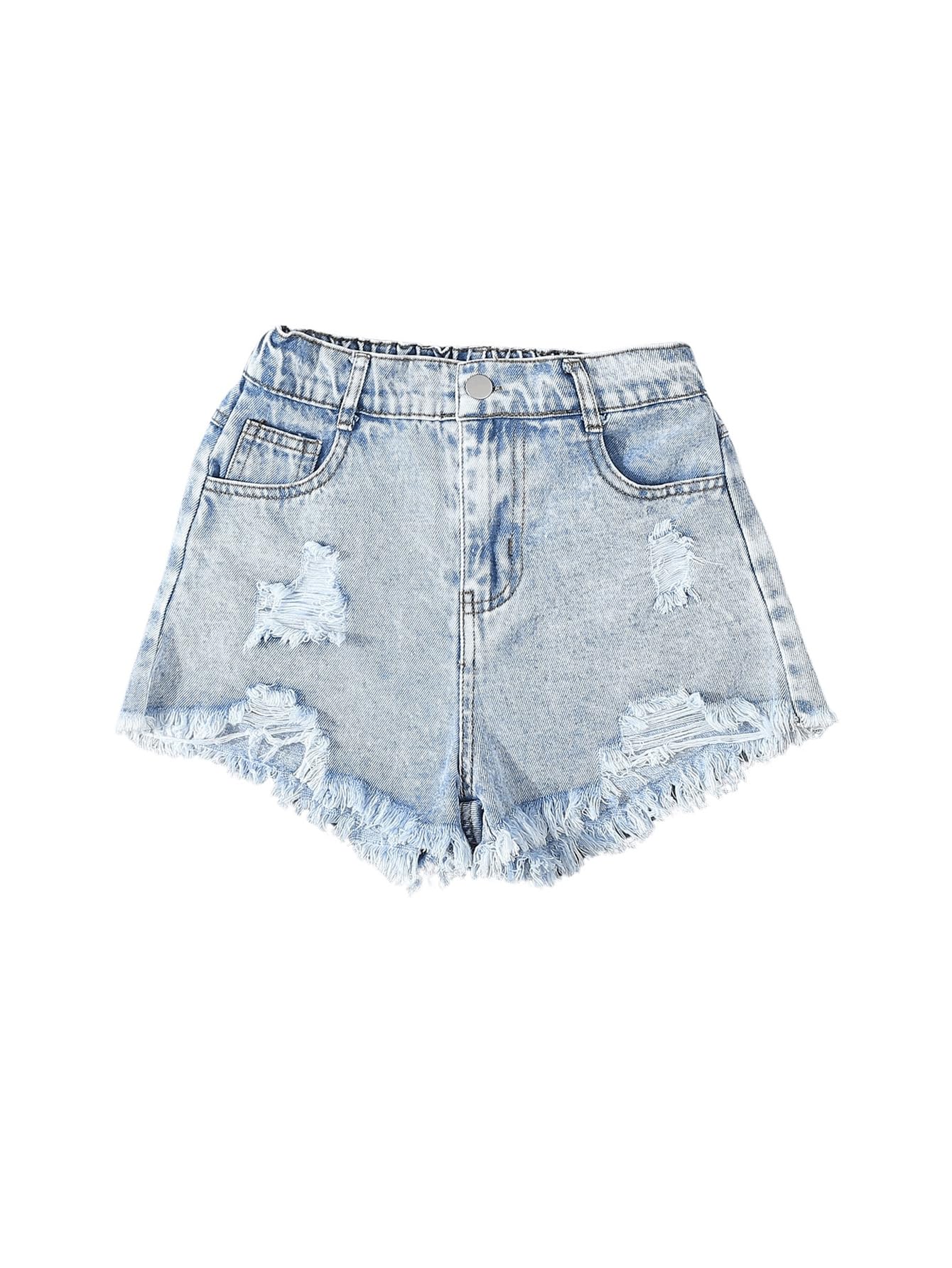 Floerns Girls Distressed Raw Hem Denim Shorts - Elastic Waist Straight Leg Jean Shorts for Teens | Casual Summer Outfits, Beach Wear & Everyday Fashion