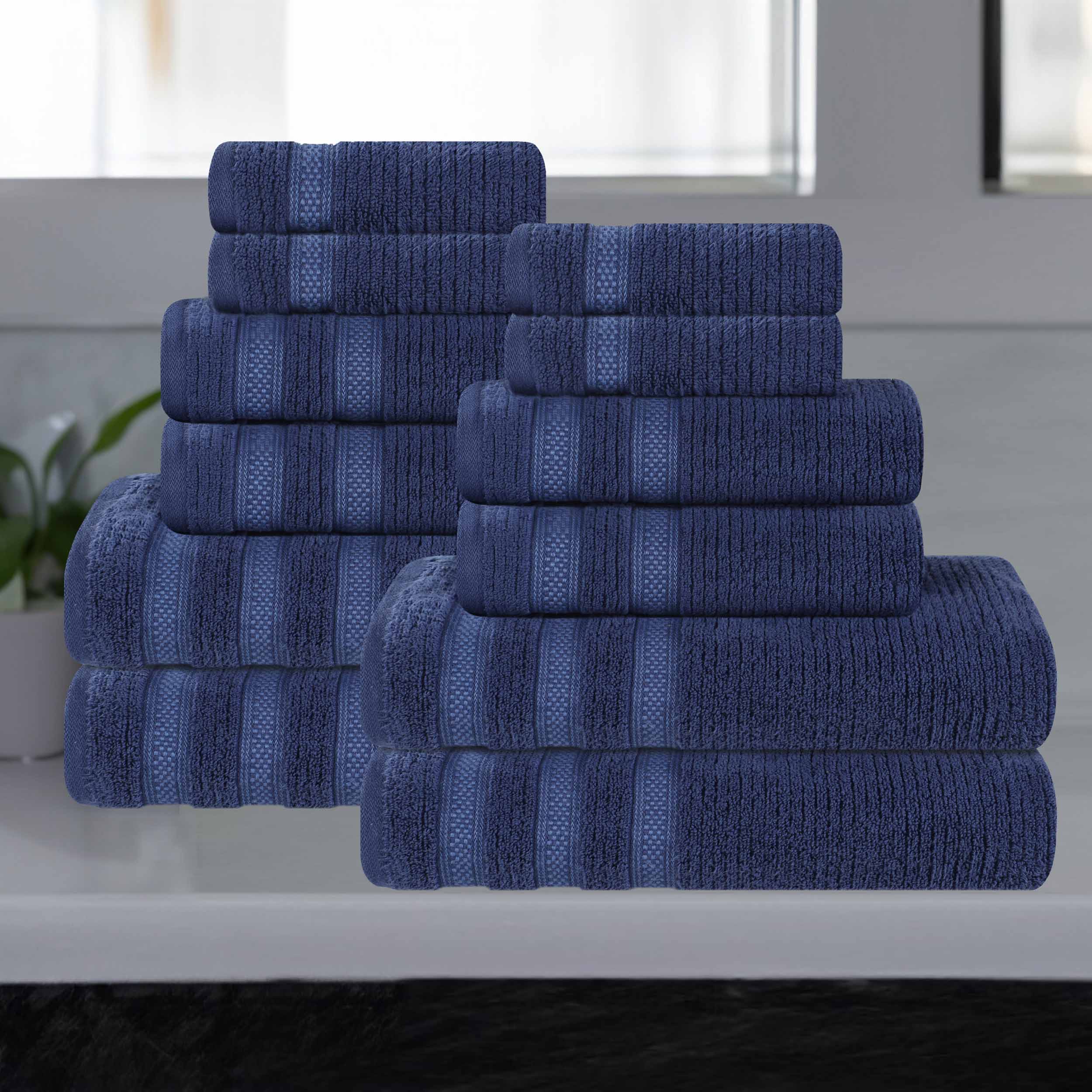 12-Piece Zero Twist Cotton Ribbed Geometric Border Plush Towel Set | Ultra Soft & Absorbent Bath, Beach & Gym Towels for Home & Travel