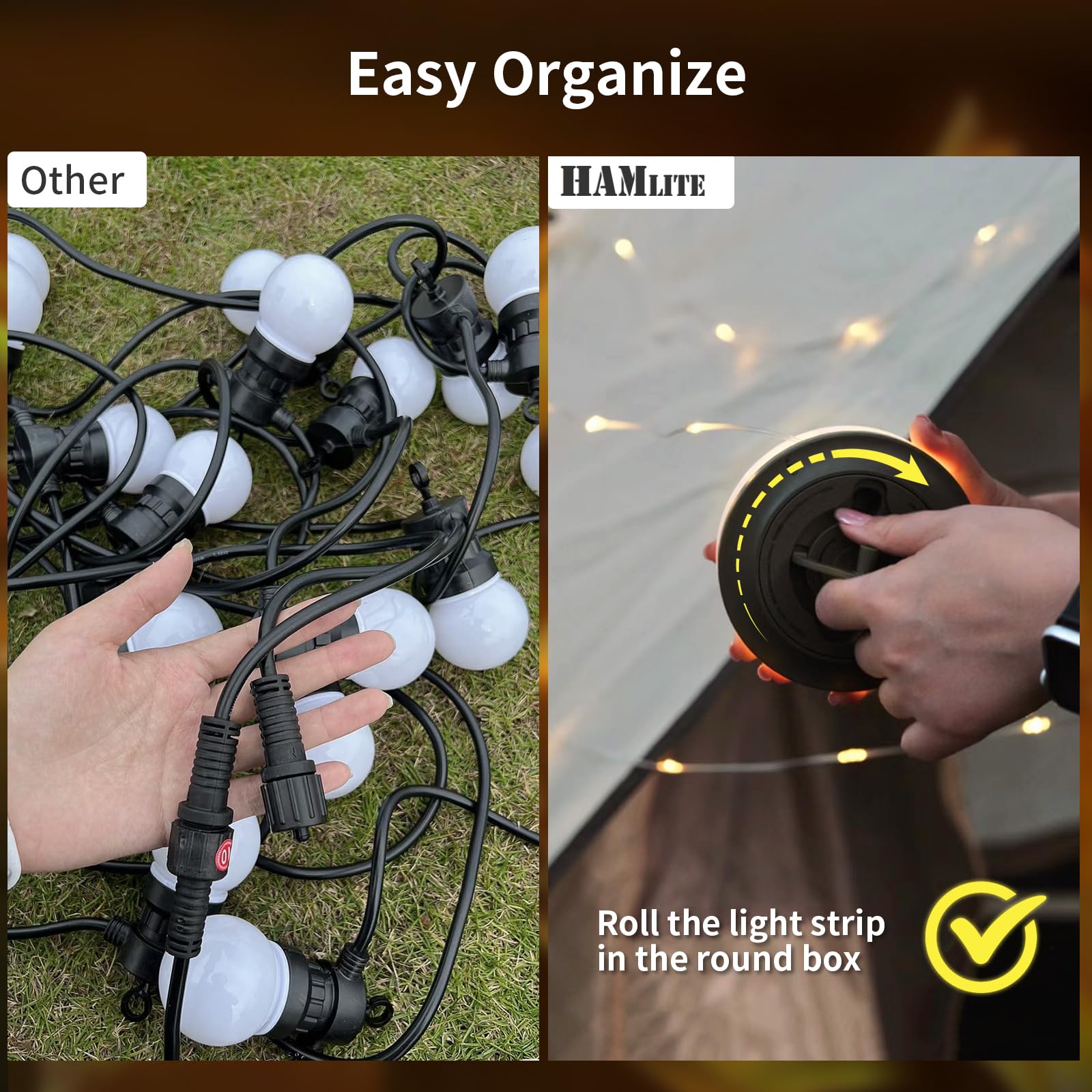 HAMLITE 32.8Ft Rechargeable USB Camping String Lights - Waterproof Outdoor 2-in-1 Portable LED Fairy Lights with 5 Lighting Modes for Camping, Backyard, Hiking, Christmas Decorations & Party Lighting