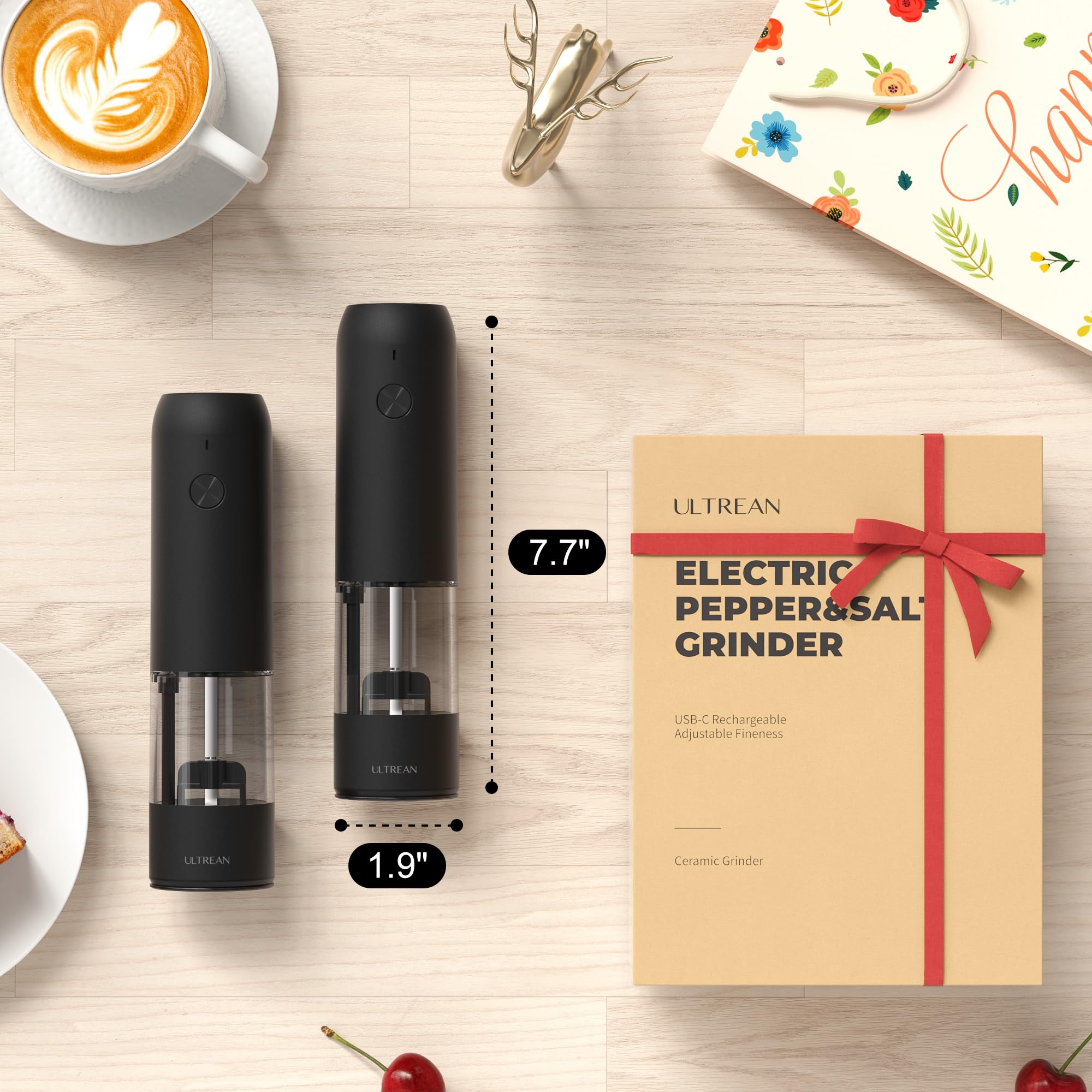 Ultrean Rechargeable Electric Salt and Pepper Grinder Set (2 Pack) - Adjustable Coarseness, LED Light, One-Hand Operation - Perfect for Kitchen, Dining Table & Outdoor Cooking - Black