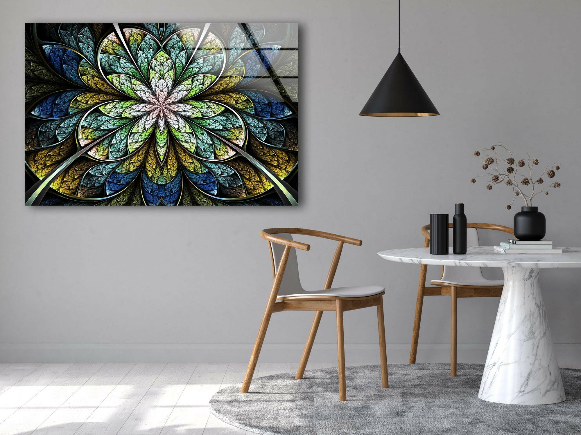 Blue Fractal Flower Glass Wall Art - Handmade Modern Home Decor for Living Room, Bedroom & Office - Elegant Glass Mosaic Wall Hanging for Unique Interior Design