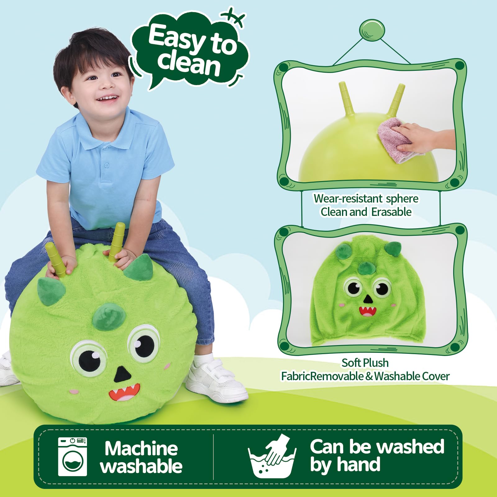 Dinosaur Plush Hopper Ball for Kids - 20in Bouncy Jumping Ball with Handles | Outdoor Play Toy for Ages 5-9 | Birthday Gift for Boys & Girls (Includes Pump) - Perfect for Backyard Fun, Playground Activities & Indoor Exercise