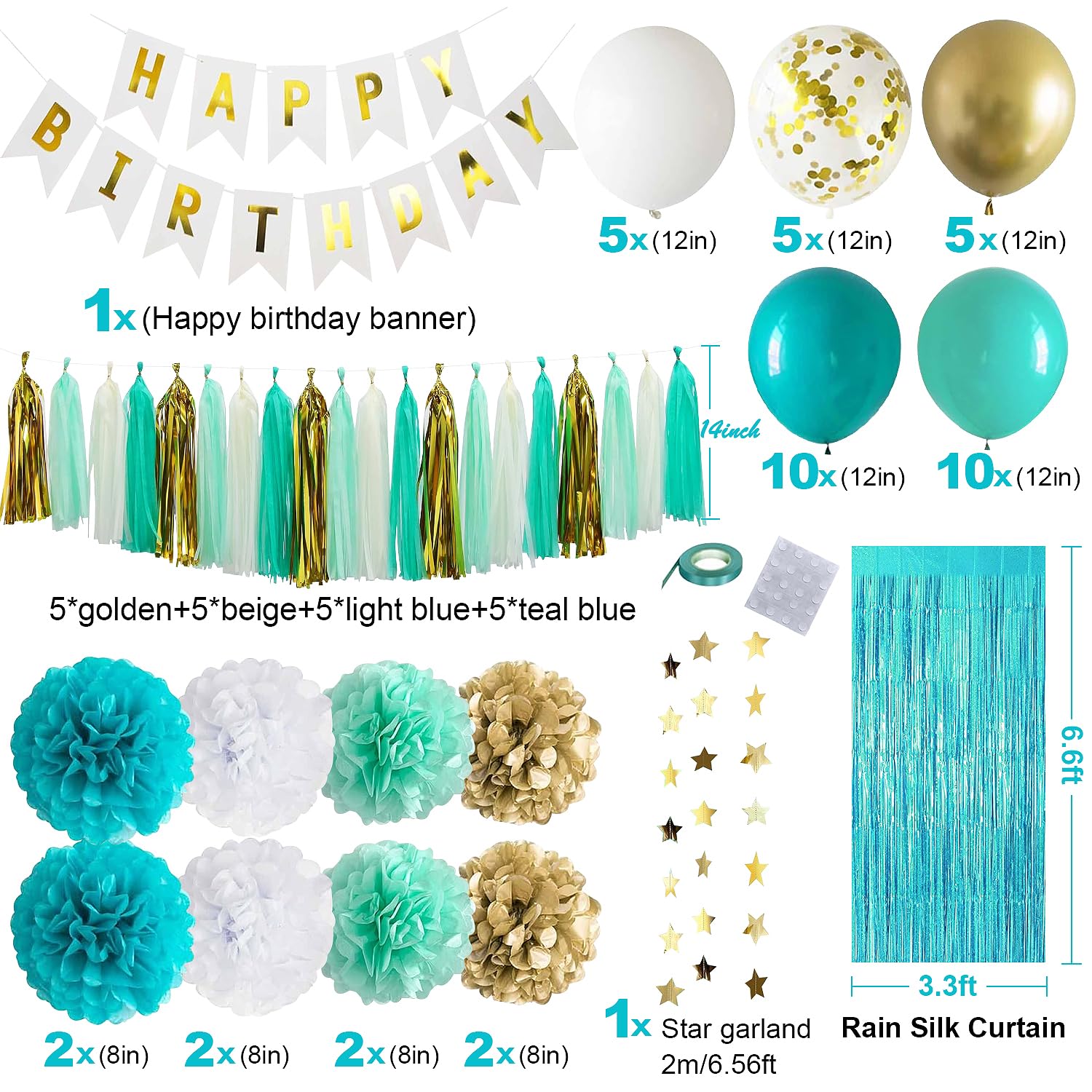 Teal Blue & Gold Birthday Party Decorations Set - Happy Birthday Banner, Foil Fringe Curtain, Tissue Pom Poms, Star Garland for Women & Girls - Perfect for Birthday Parties, Baby Showers & Special Celebrations
