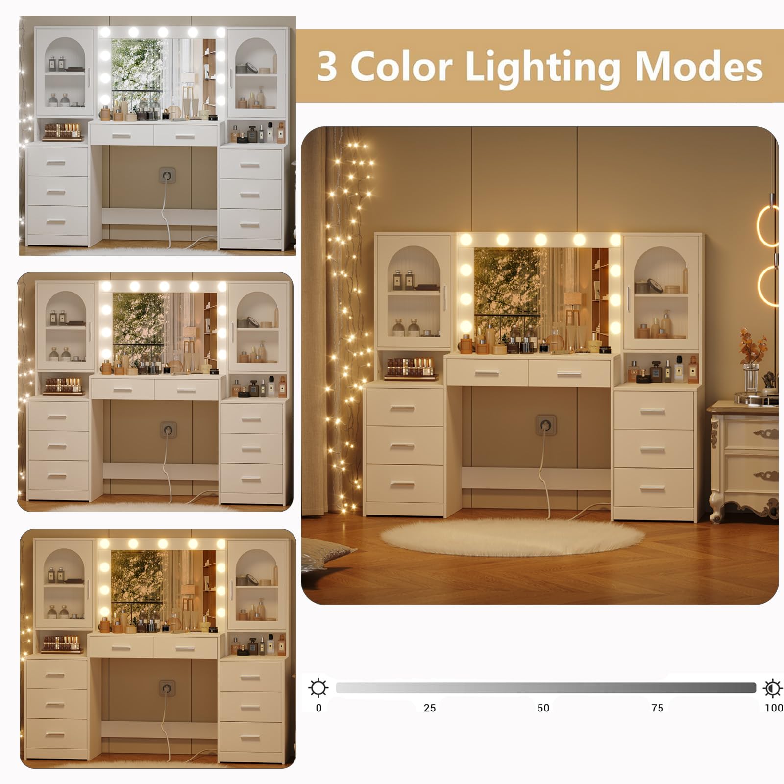 Rovaurx 61.9 Inch White Vanity Desk with LED Mirror & Charging Station - Large Makeup Dressing Table with 8 Drawers, Side Cabinet & 3 Light Modes - Perfect for Bedroom, Dressing Room & Beauty Salon Organization