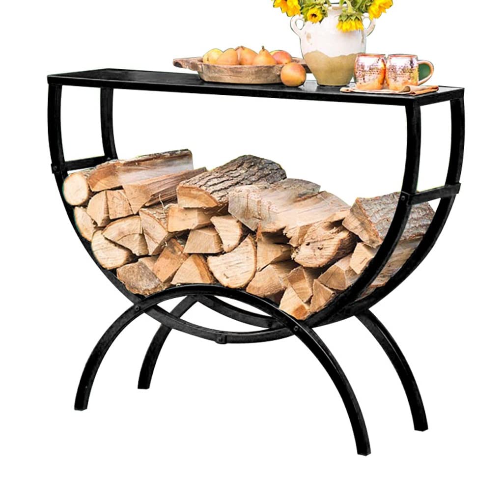 Black Iron Wood Storage Rack - 100x82 Inch Firewood Holder for Outdoor Use, Multi-Functional Entryway Table | Perfect for Patio, Fireplace & Garden Organization