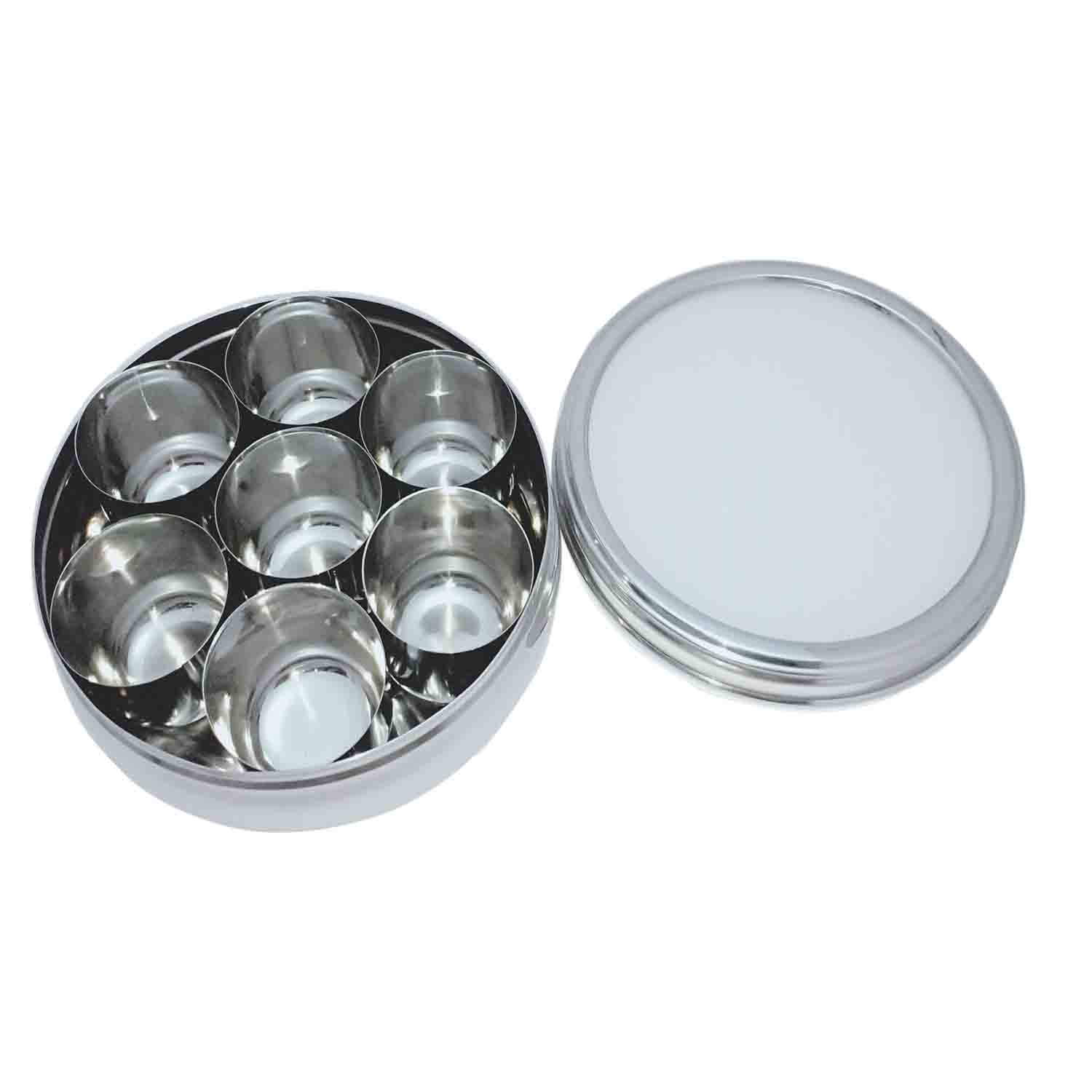 Premium Stainless Steel 7-Compartment Spice Box with Transparent Lid & 7 Spoons - Indian Masala Dabba for Kitchen Organization - Perfect for Storing Spices, Herbs, and Seasonings at Home or Restaurant