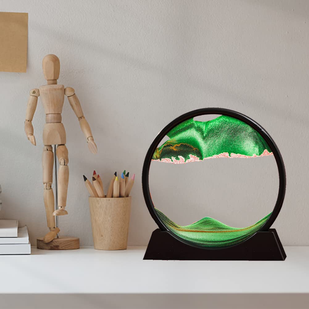 3D Dynamic Sand Art Liquid Motion - Round Glass Deep Sea Sandscape Flowing Sand Frame for Adults & Kids - Desktop Art Toy, Home & Office Decoration (Green) - Perfect for Stress Relief, Meditation, and Creative Workspace Decor