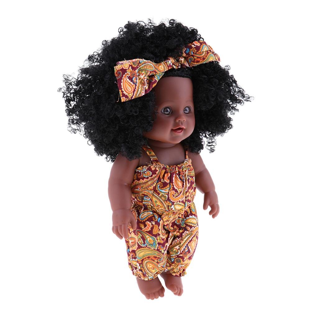 MagiDeal 30cm African Girl Doll Toy - Yellow Skin, Natural Hair, Soft Body for Kids Pretend Play, Birthday Gift, and Cultural Diversity Education