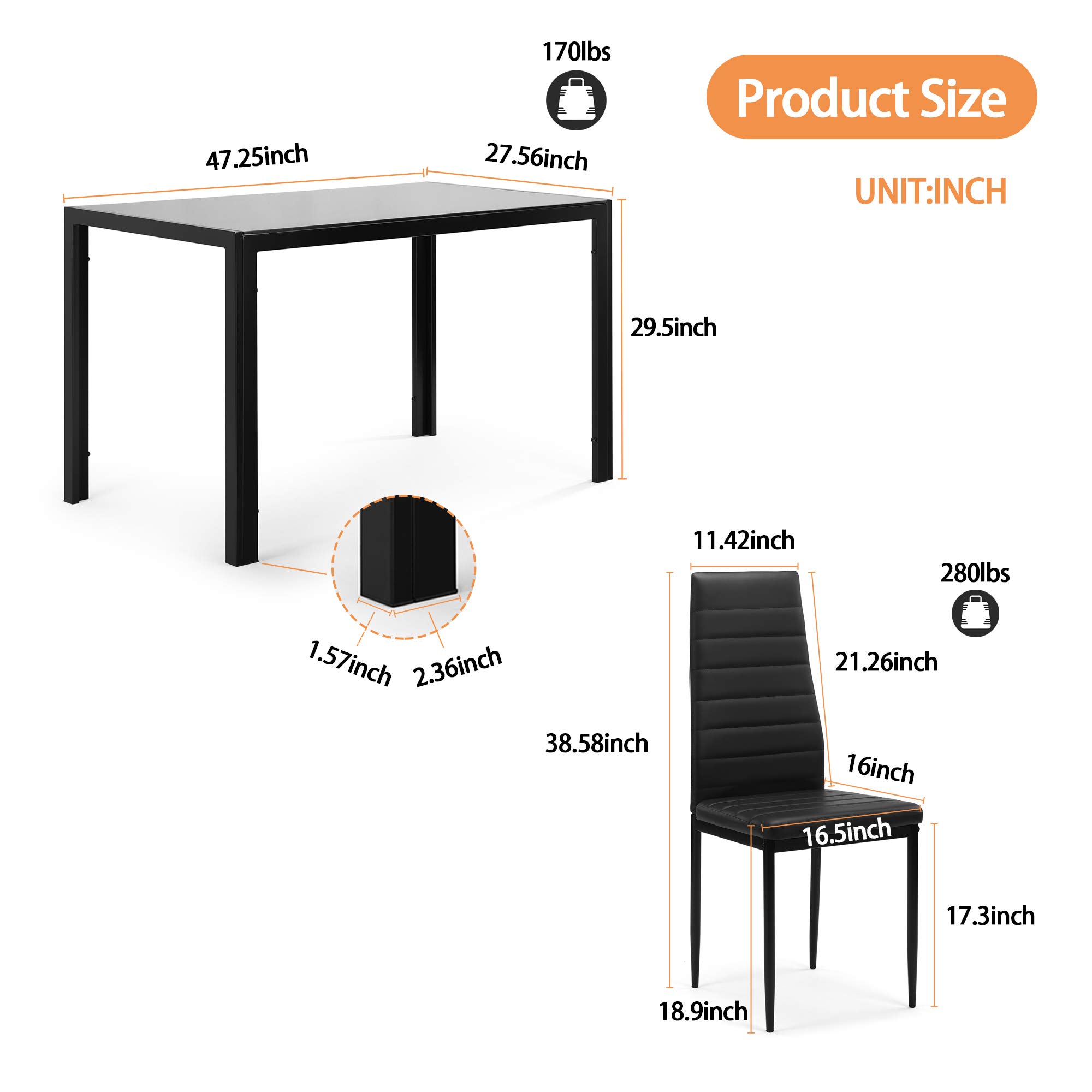 IANIYA Modern Square Glass Dining Table Set with 4 Black Chairs - Perfect for Small Kitchen, Breakfast Nook, and Contemporary Dining Room Decor