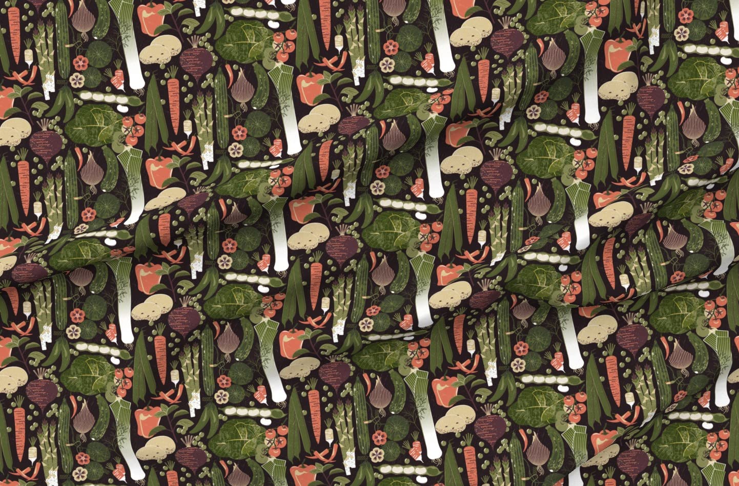 Premium Spoonflower Fabric - Black & Green Vegetable Garden Print on Denim by The Yard - Heavyweight Cotton for Apparel, Home Decor & Upholstery - Perfect for DIY Curtains, Table Runners & Craft Projects
