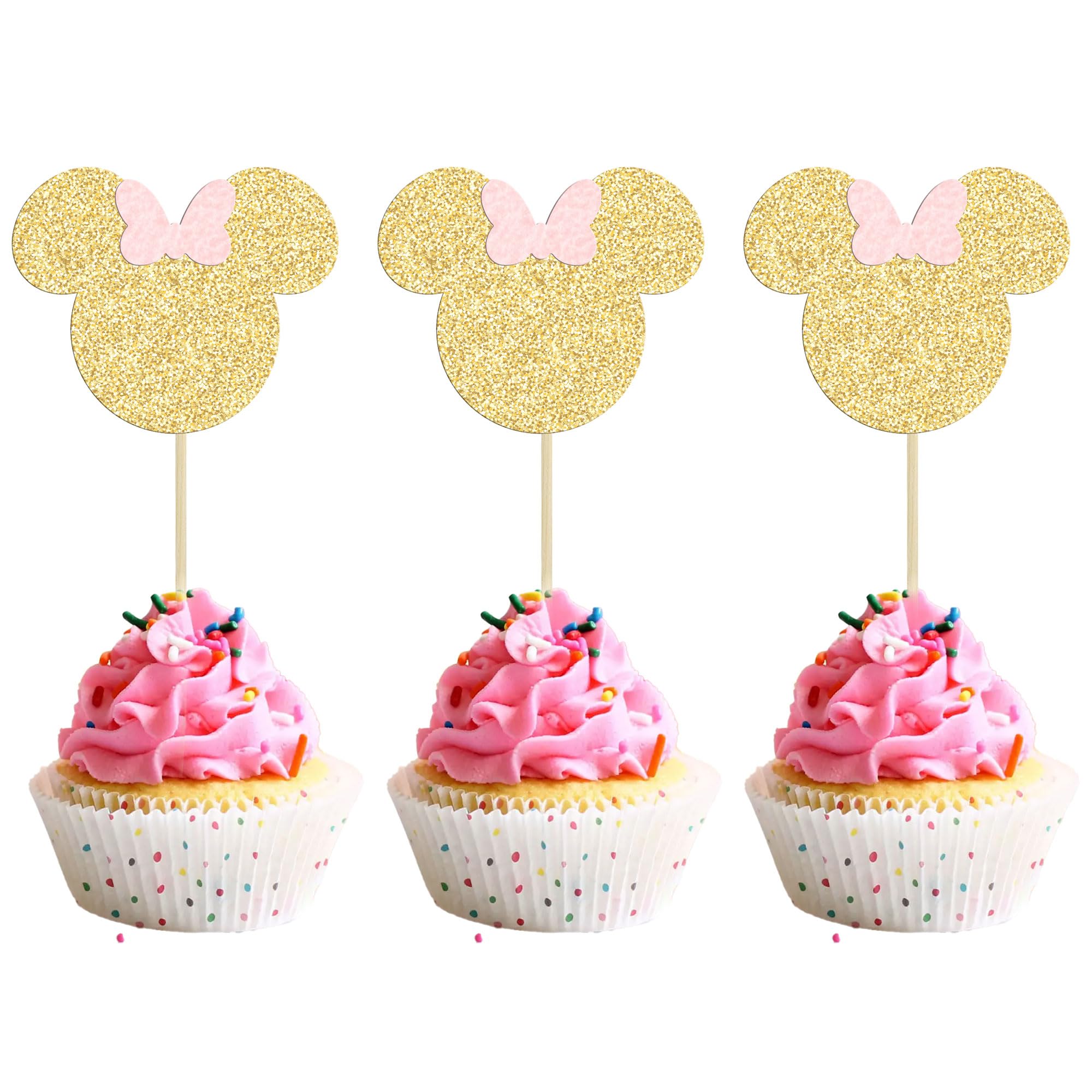 36 Pack Mouse-Inspired Cupcake Toppers with Pink Bow & Gold Glitter - Adorable Baby Shower, Wedding, Kids Birthday Party Cake Decorations - Perfect for Themed Desserts, DIY Baking, and Special Celebrations