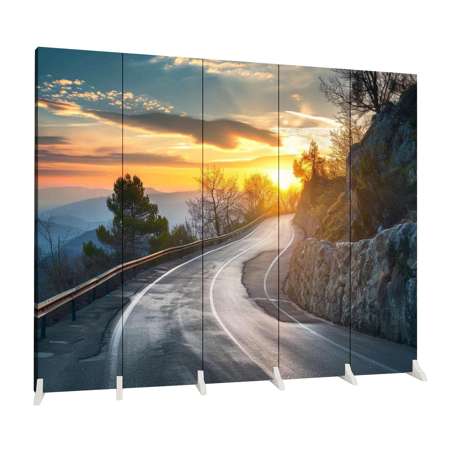 5-Panel Folding Room Divider - Mountain Road Landscape with Sunny Sky & Clouds Canvas Print - Freestanding Privacy Partition for Bedroom, Office & Living Room - Indoor Protective Screen & Space Separator