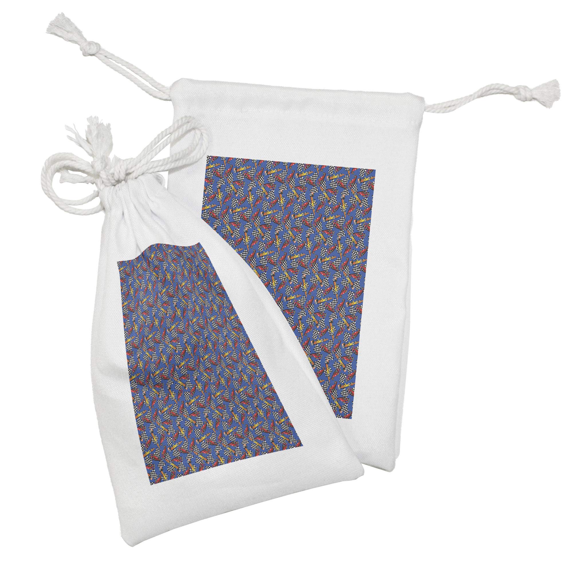 Ambesonne Race Car Fabric Pouch Set of 2 - Cartoon Style Checkered Flag & Auto Drawstring Bags (9
