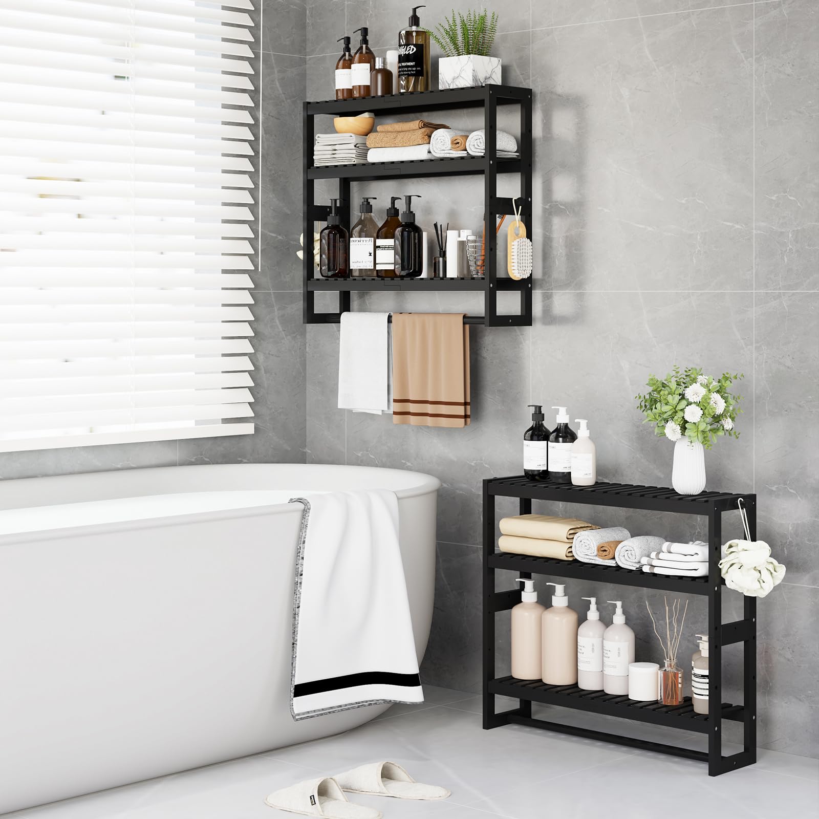 RRX 3-Tier Adjustable Bamboo Bathroom Shelf Organizer - Over Toilet Storage Shelf with Hanging Bar, Freestanding Design for Bathroom Organization (Black) - Perfect for Small Bathrooms, Apartments & Space-Saving Storage Solutions