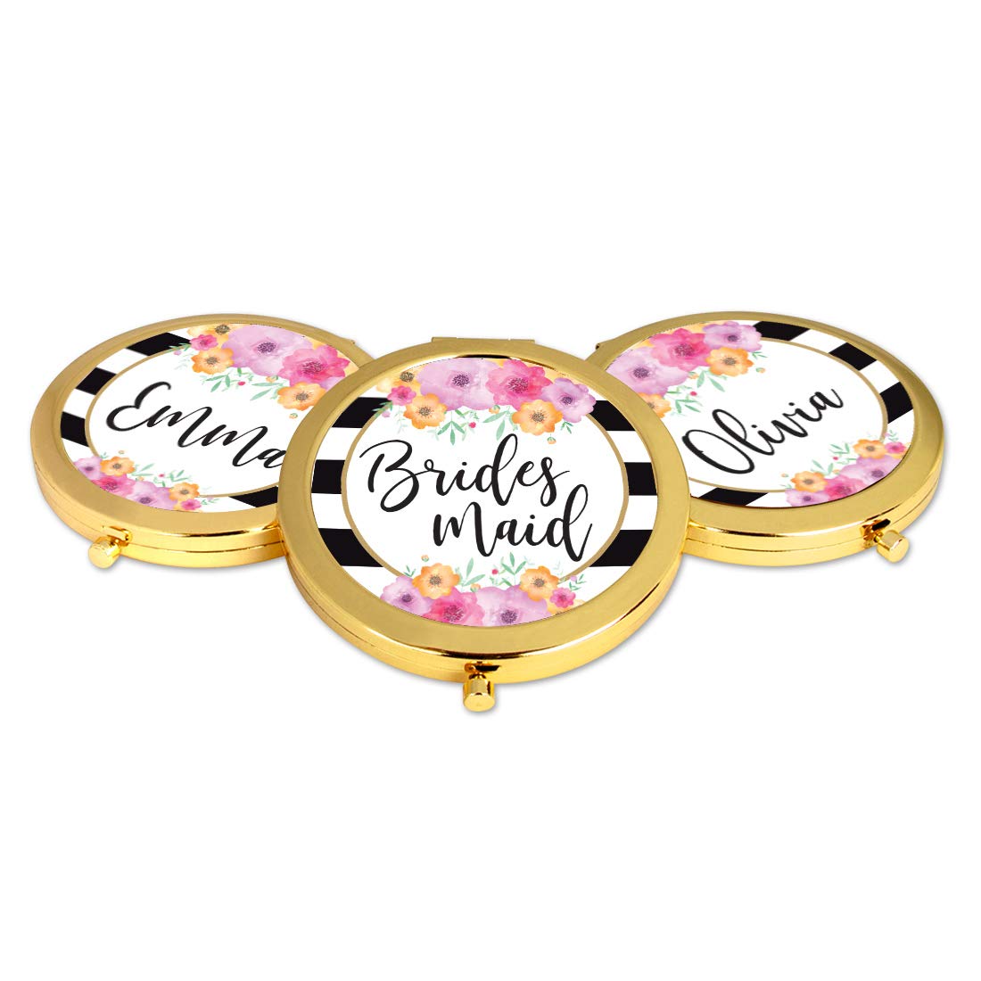 Andaz Press Compact Mirror - Elegant Gold Bridesmaid Wedding Gift with Black & White Stripes & Pink Floral Design, 1-Pack - Perfect for Bachelorette Parties, Bridal Showers & Wedding Favors (Great for Makeup Touch-Ups & Travel)