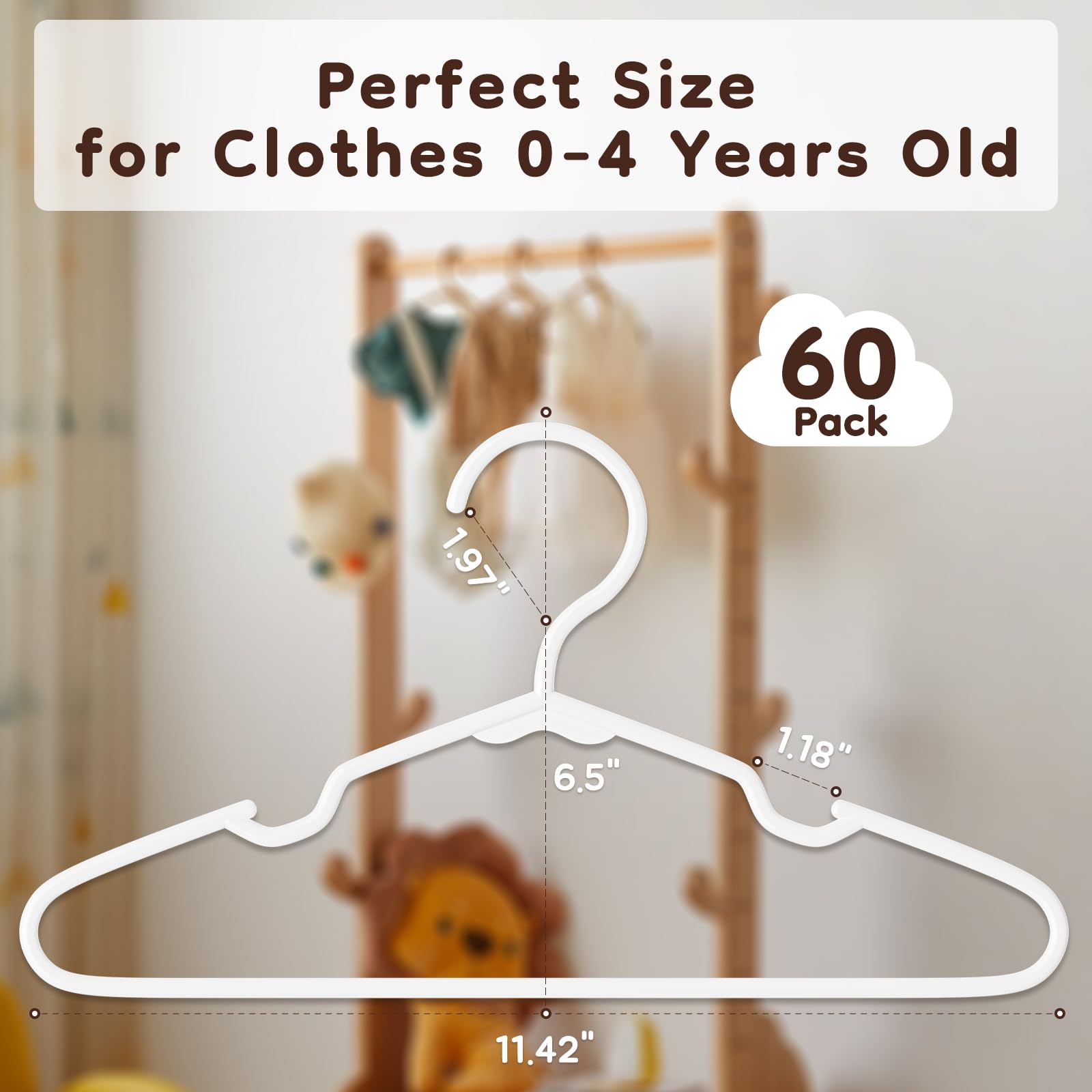 VTRIN 60 Pack Baby Hangers - Heavy Duty Plastic Kids Clothes Hangers for Infants & Toddlers - Fits Shirts, Shorts, Jackets & Thick Winter Coats - Perfect for Nursery, Daycare & Kids Wardrobe Organization