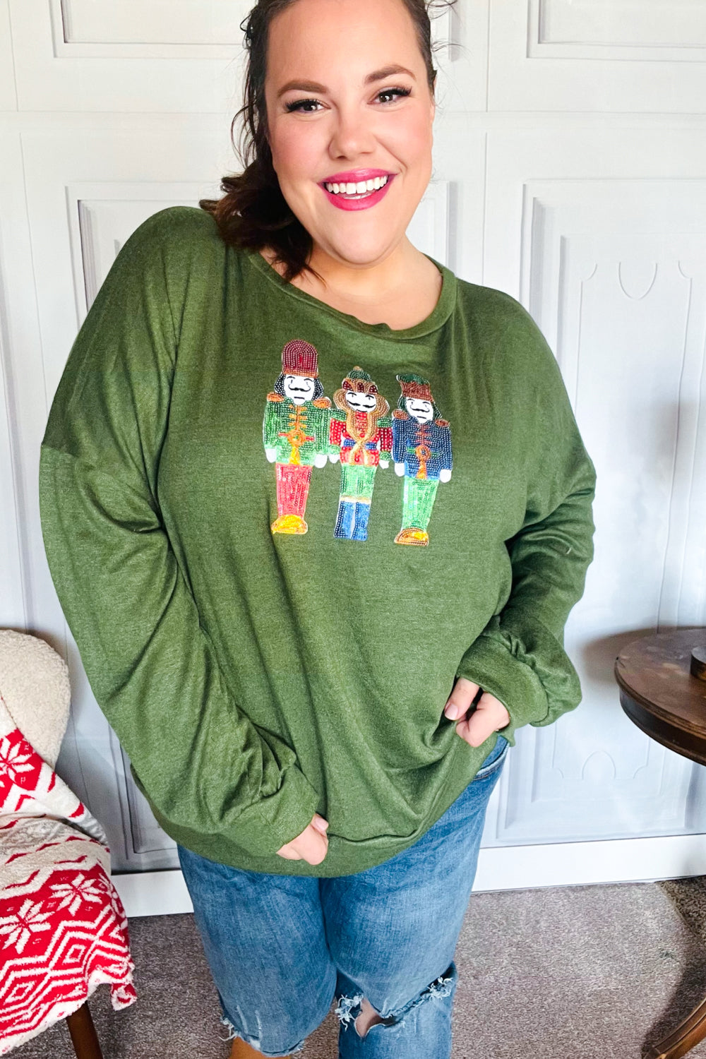 Festive Be Merry Forest Green Nutcracker Sequin Hacci Sweater Top for Christmas Party & Holiday Gatherings