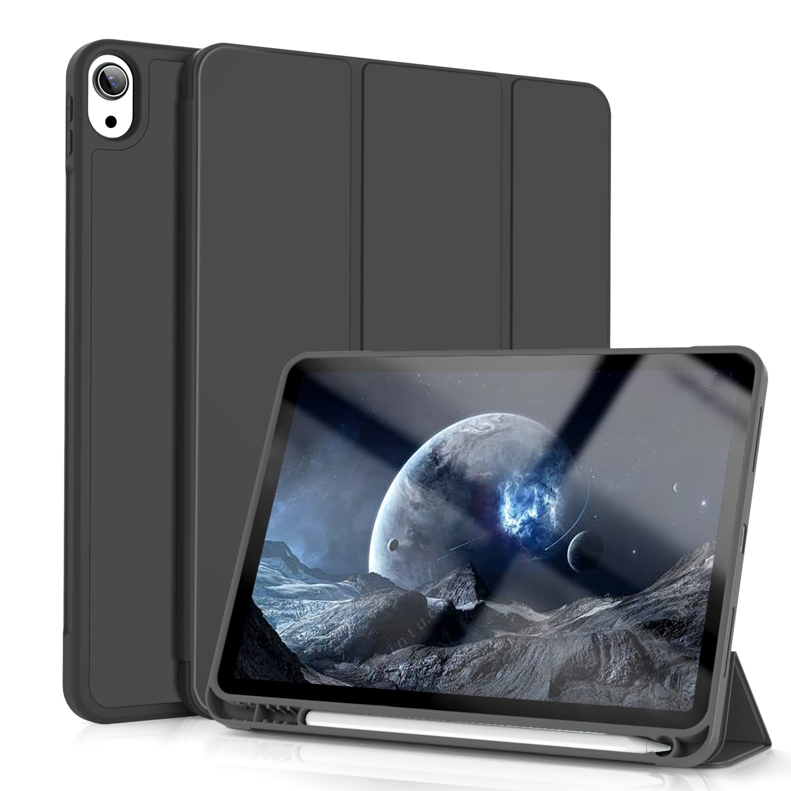 Premium Slim Trifold Stand Case for iPad Air 5th Gen (2022) & iPad Air 4th Gen (2020) 10.9 Inch - Auto Sleep/Wake, Pencil Holder & Soft TPU Back Cover - Perfect for Work, Study & Travel - Black