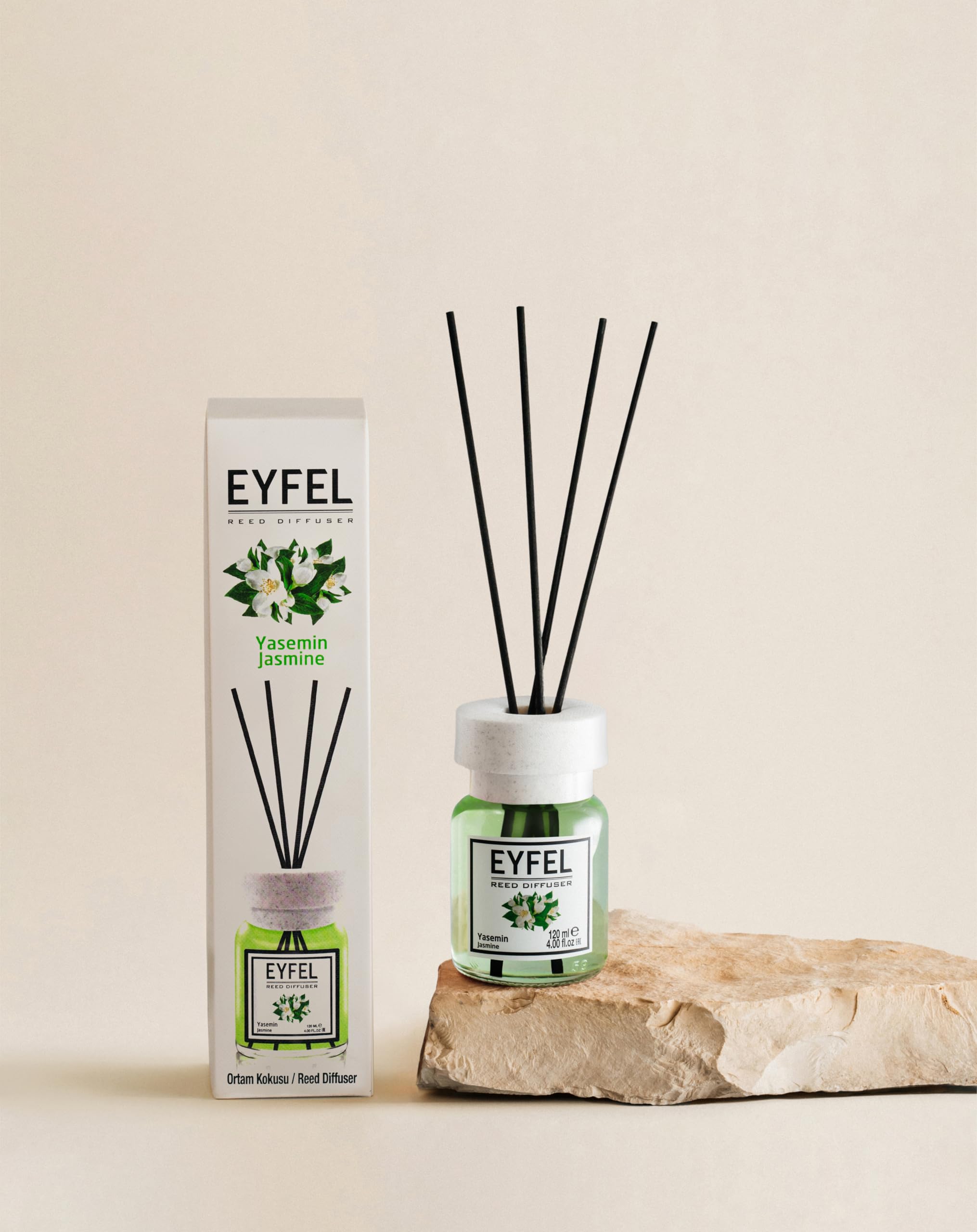 EYFEL Jasmine Reed Diffuser Set - 4.05 fl oz Aromatherapy Oil Diffuser with Natural Rattan Sticks for Home, Bathroom & Office | Long-Lasting Fragrance for Relaxation & Décor