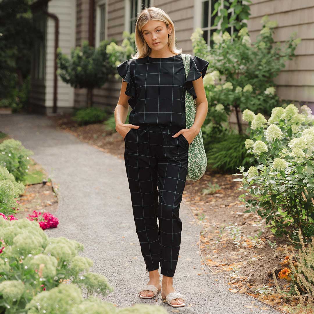 9 to 9 Women's Black Windowpane Jumpsuit - Stylish One-Piece Outfit for Work, Office & Casual Wear